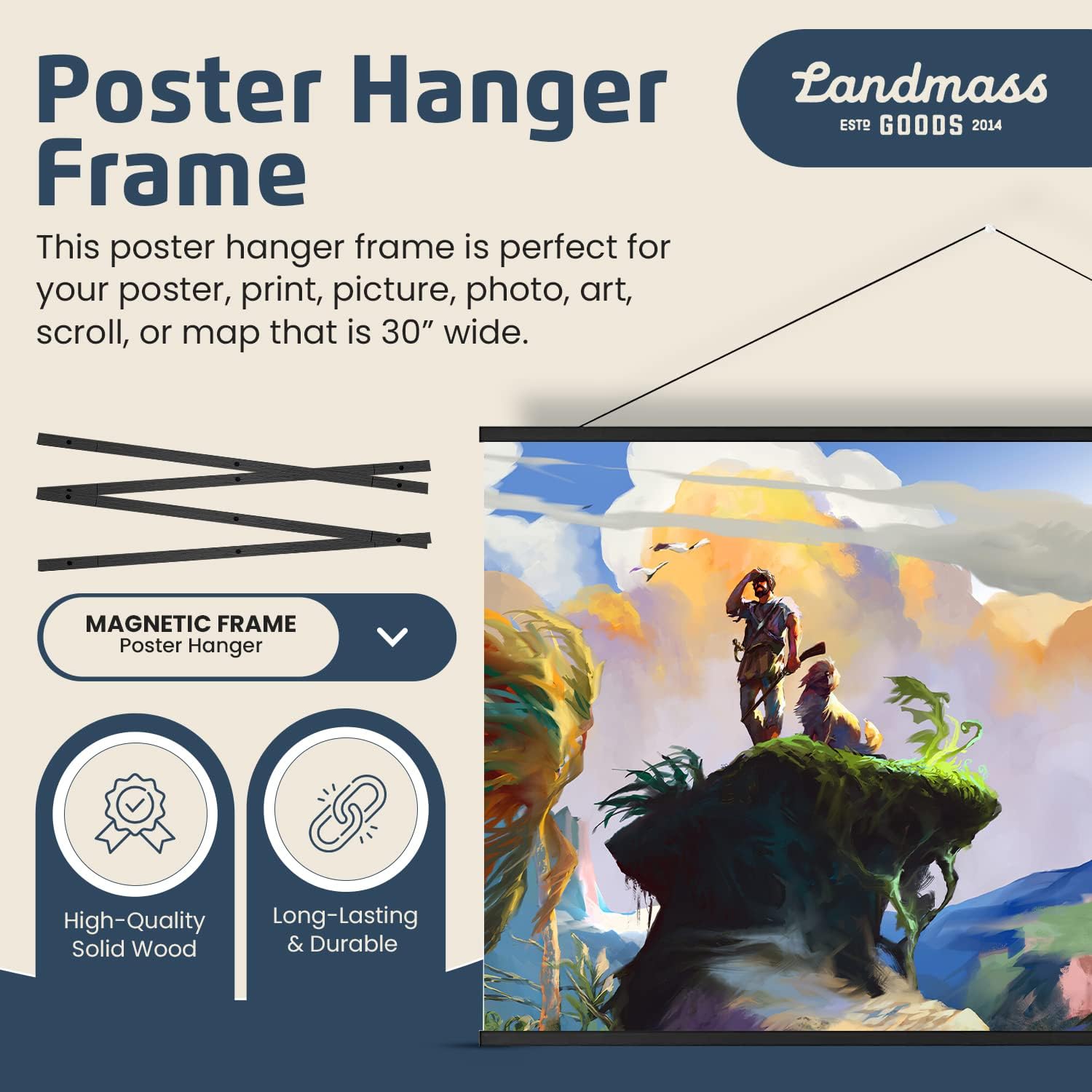 Landmass 30” Wide Black Magnetic Poster Hanger - 30x20 30x24 30x30 30x40 - Wood Hugger Frame for Posters, Prints, Photos, Pictures, Maps, Scrolls, and Artwork - Wall Hanging Wooden Frame Black 30 inches
