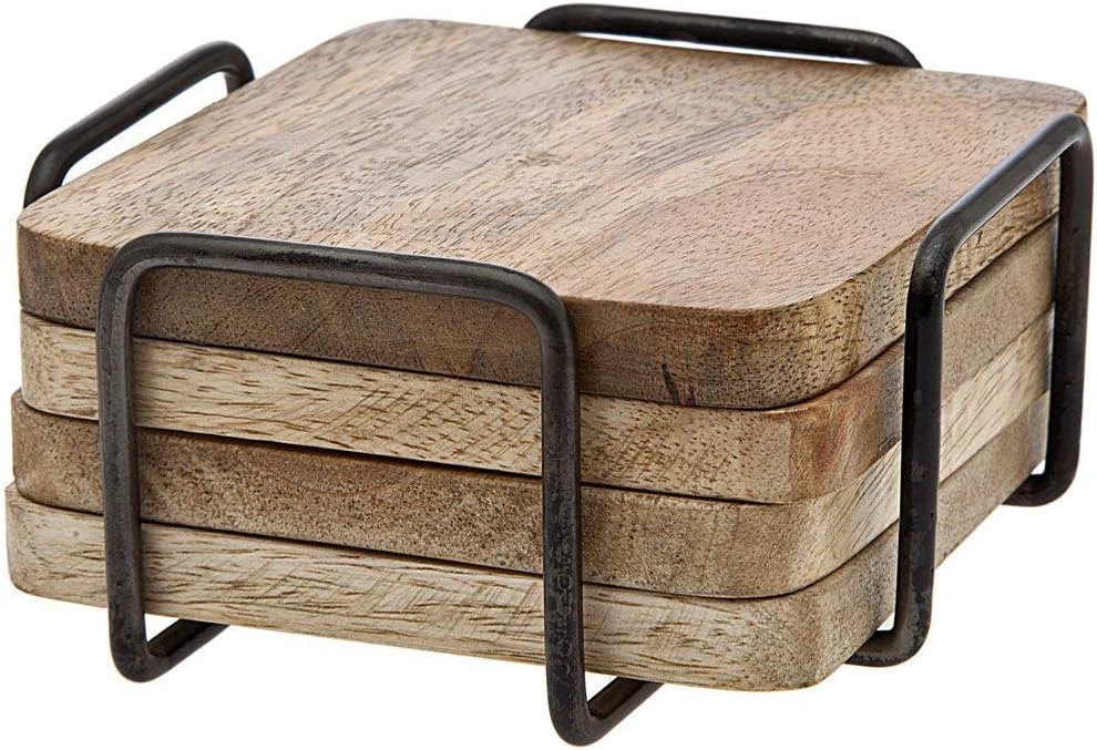 Set of 4 Wood DriCrafts Man Coasters, Wooden Coasters with Iron Holder, Great for Hot and Cold Drinks Beer Coffee, Tea and Wine Unique Bar Accessory