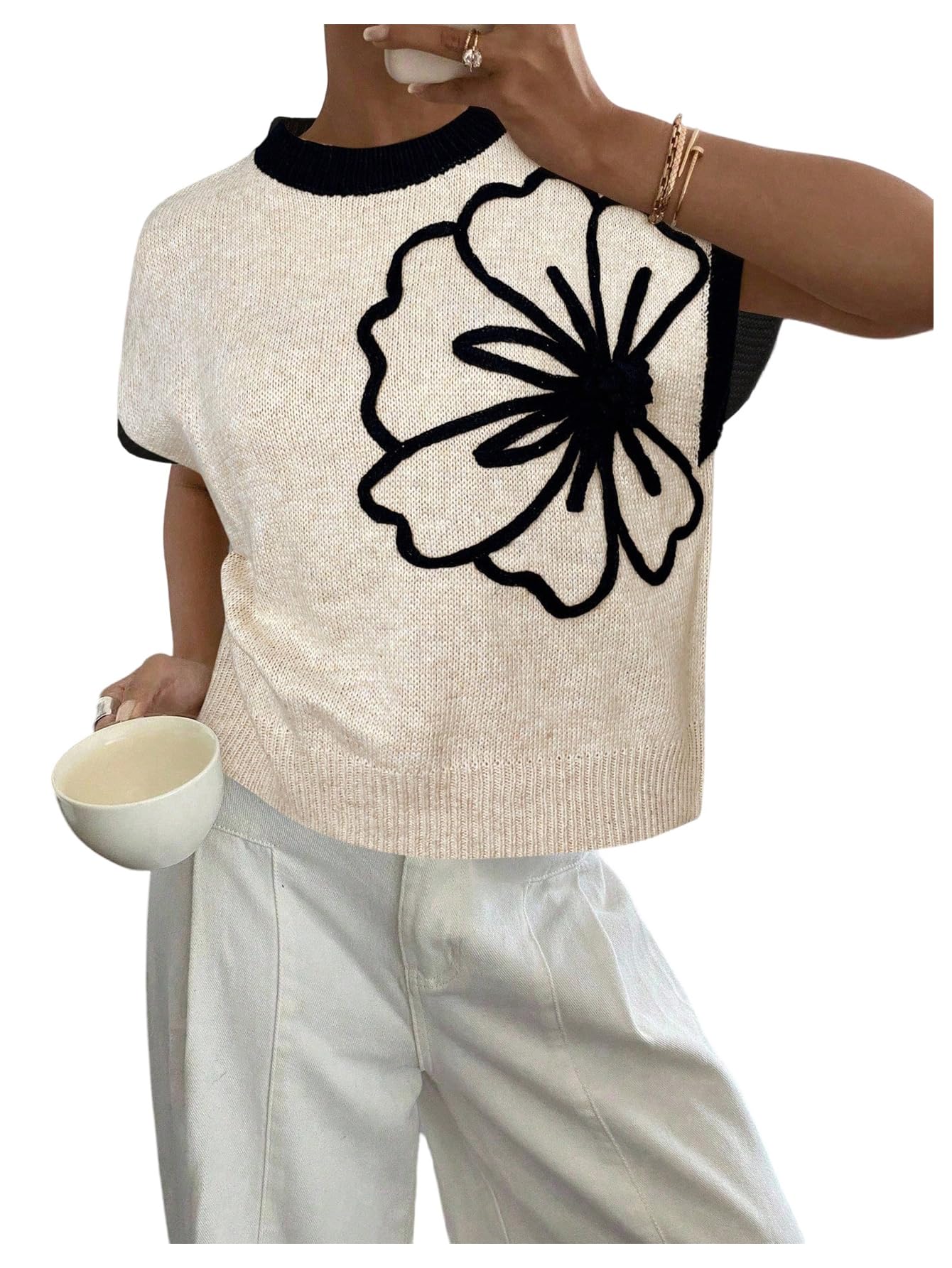 SOLY HUX Womens Short Sleeve Sweater 3D Floral Sweaters Pullover Tank Tops Knit Vest Trendy Fashion Clothing Apricot