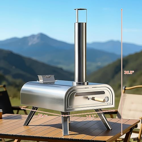 Miniatura 3 de BIG HORN OUTDOORS 16" Horno de piedra para pizza con leña, cocinador de pizza al aire libre de acero inoxidable 1112°F, portátil para uso en Plateado