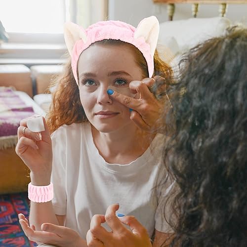 Miniatura 4 de WHAVEL Juego de 3 diademas de spa y pulsera, lindas diademas de orejas de gato para lavar la cara, maquillaje, diadema para lavado de cara y muñeca