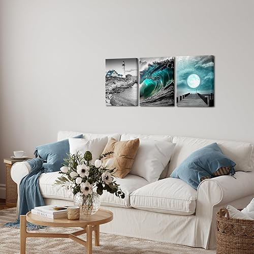 Miniatura 4 de Biuteawal Arte de pared de playa en blanco y negro para decoración de baño, decoración de pared costera verde azulado para sala de estar, faro, olas