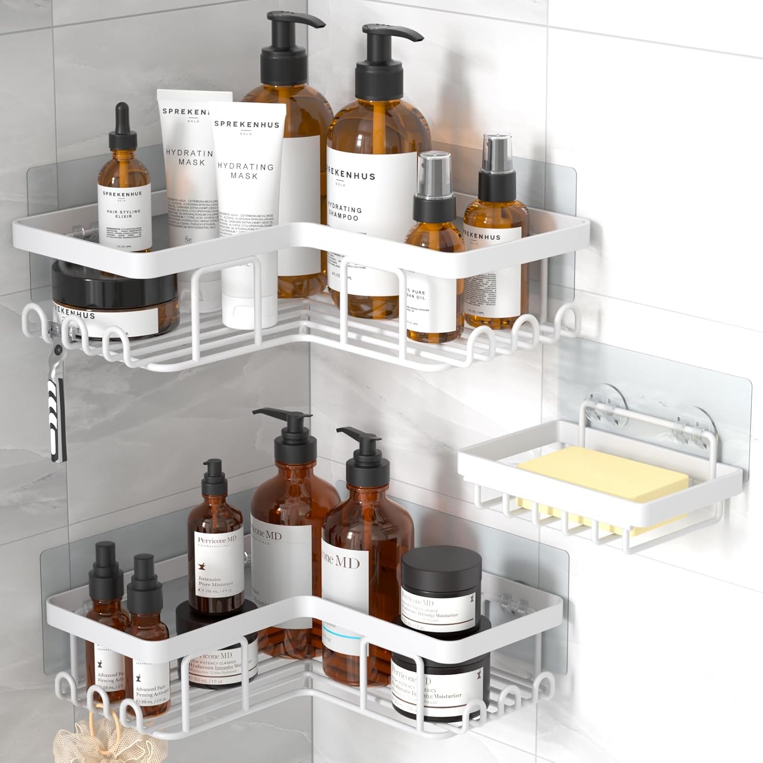 YASONIC Corner Adhesive Shower Caddy, with Soap Holder and 12 Hooks, Rustproof Stainless Steel Bathroom Organizer, No Drilling Wall Mounted Rack, White, 3-Pack