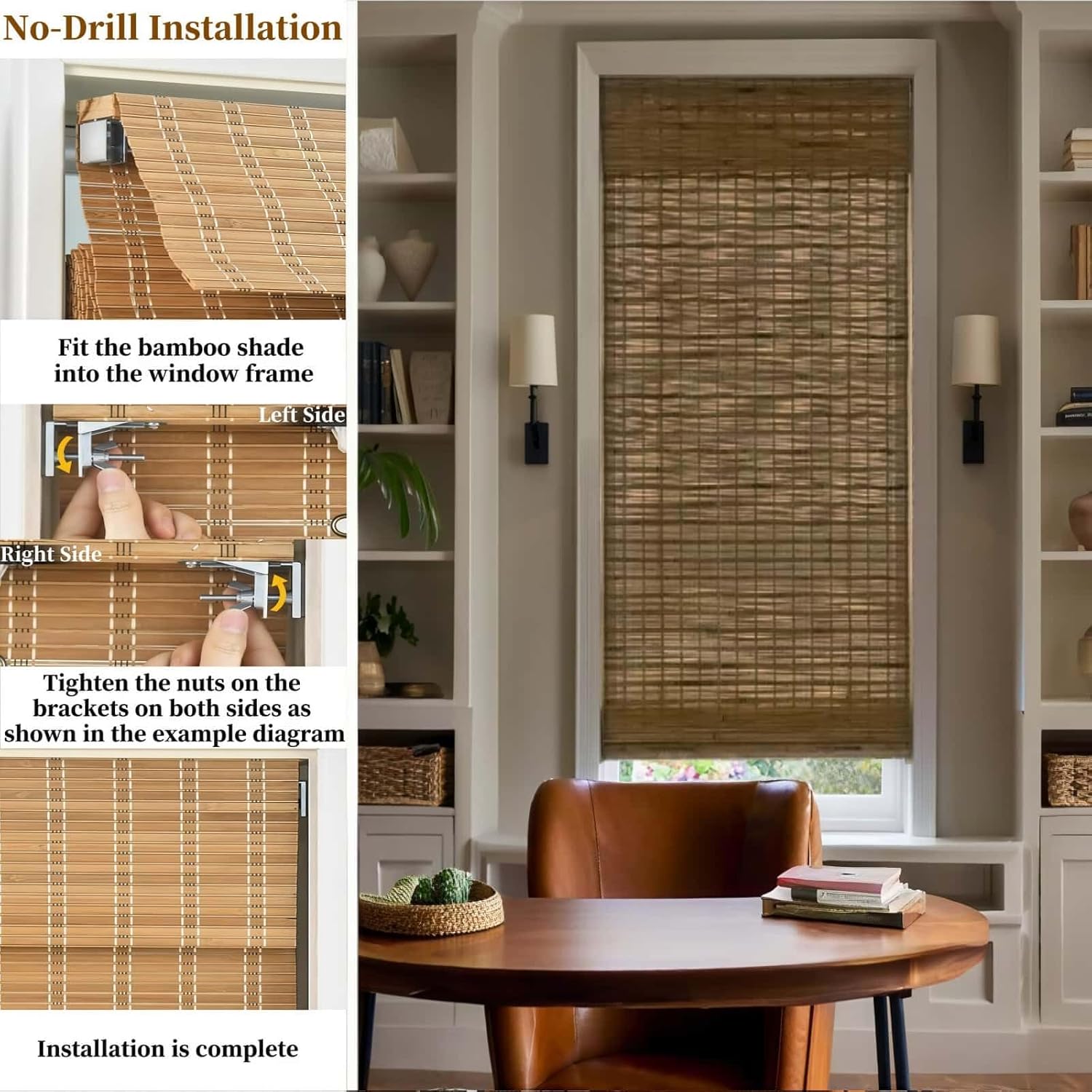 Cordless Bamboo Roman Shades No Tools No Drill Woven Bamboo Blinds with Valance .Light Filtering-dali Native.Wood Roman Window Shades for Windows Doors.47 1/2" W×54" H