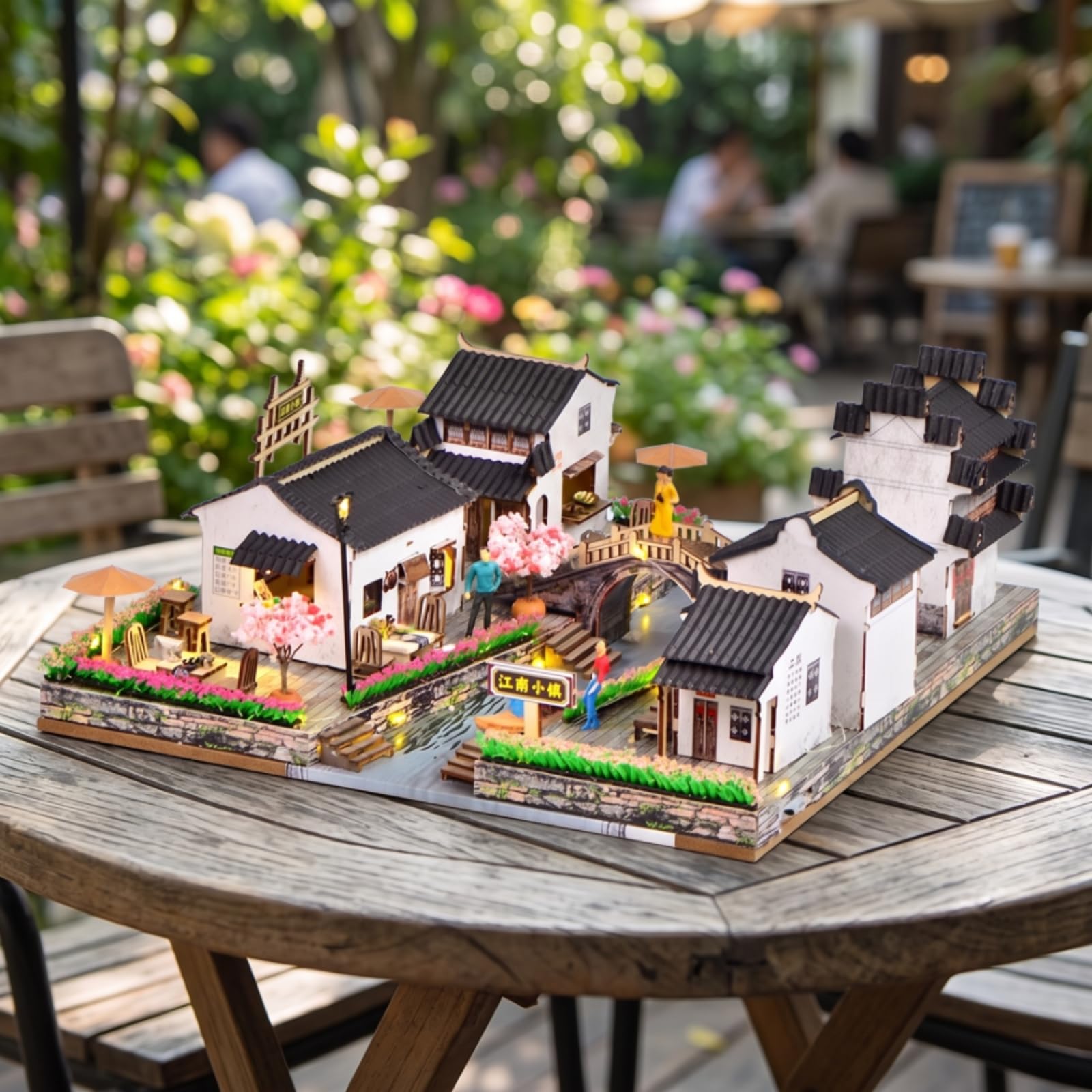 Modellino di Casa Cinese con Ponte Creativo Modellino in Legno Compatto Diorama in Miniatura per Hobbisti, Libreria, Studio, 江南小镇1号BM381