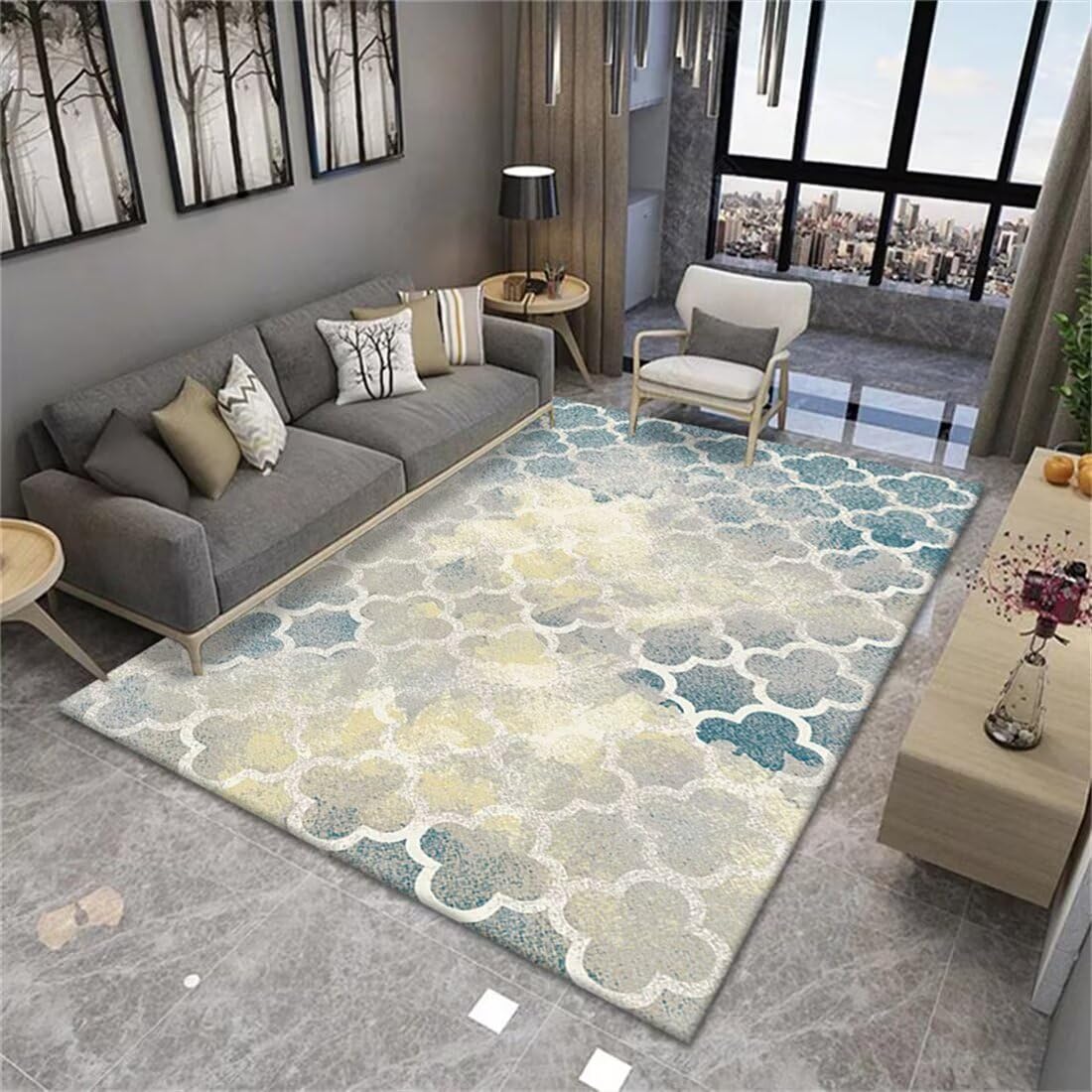 Tapis chambre enfant fille grand tapis bleu gris imprimé