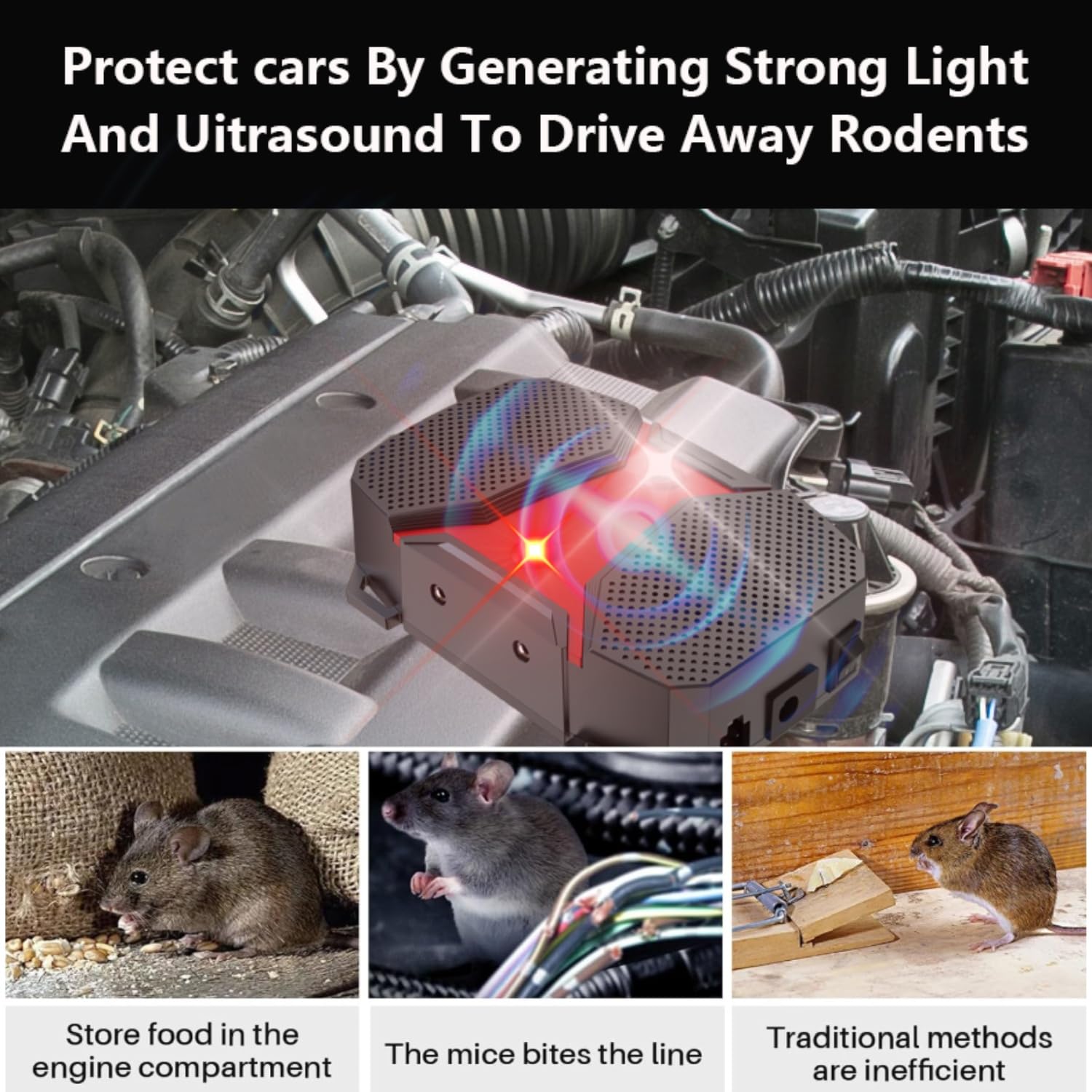 WUGEIN Repellente Topi per Auto,Scaccia Topi Portatile,Ultrasuoni per Topi a Batteria,Protezione Immediata e a Lungo Termine Contro Le Martore nel Vano Motore,Martore Garage,Casa