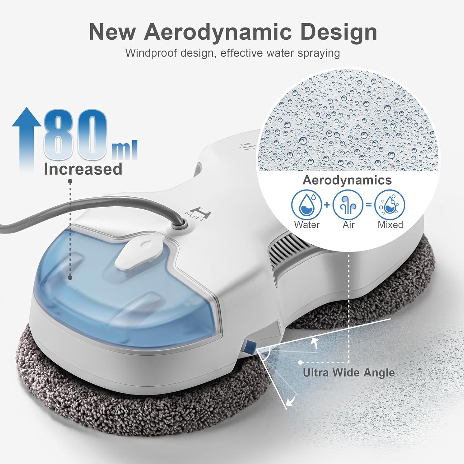New Aerodynamic Design showing increased 180ml water tank capacity and ultra-wide angle spray