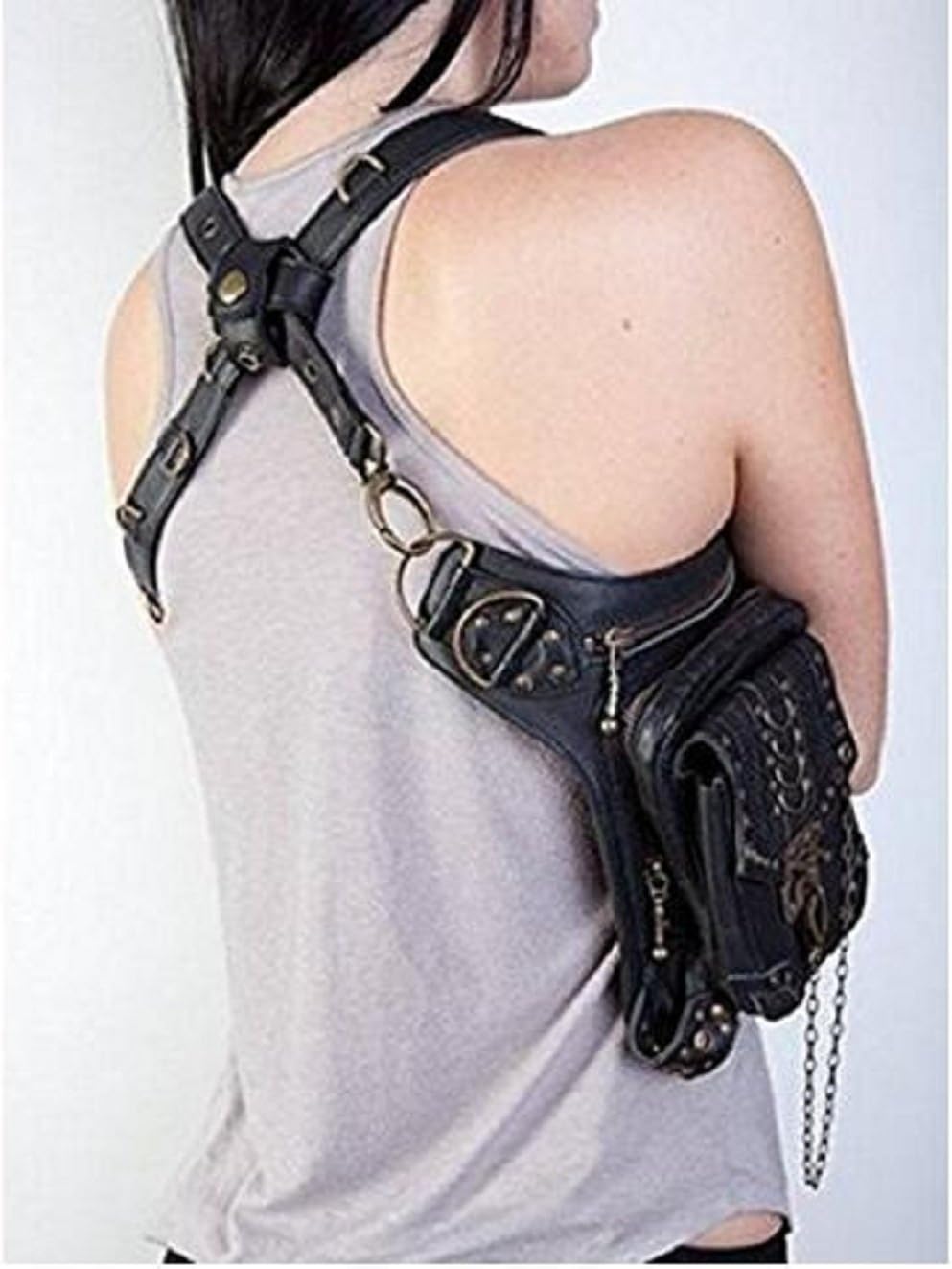 Wendin Rock Leather & Vintage Gothic Retro Steampunk Handbag Victorian Style Shoulder Waist Bag Black