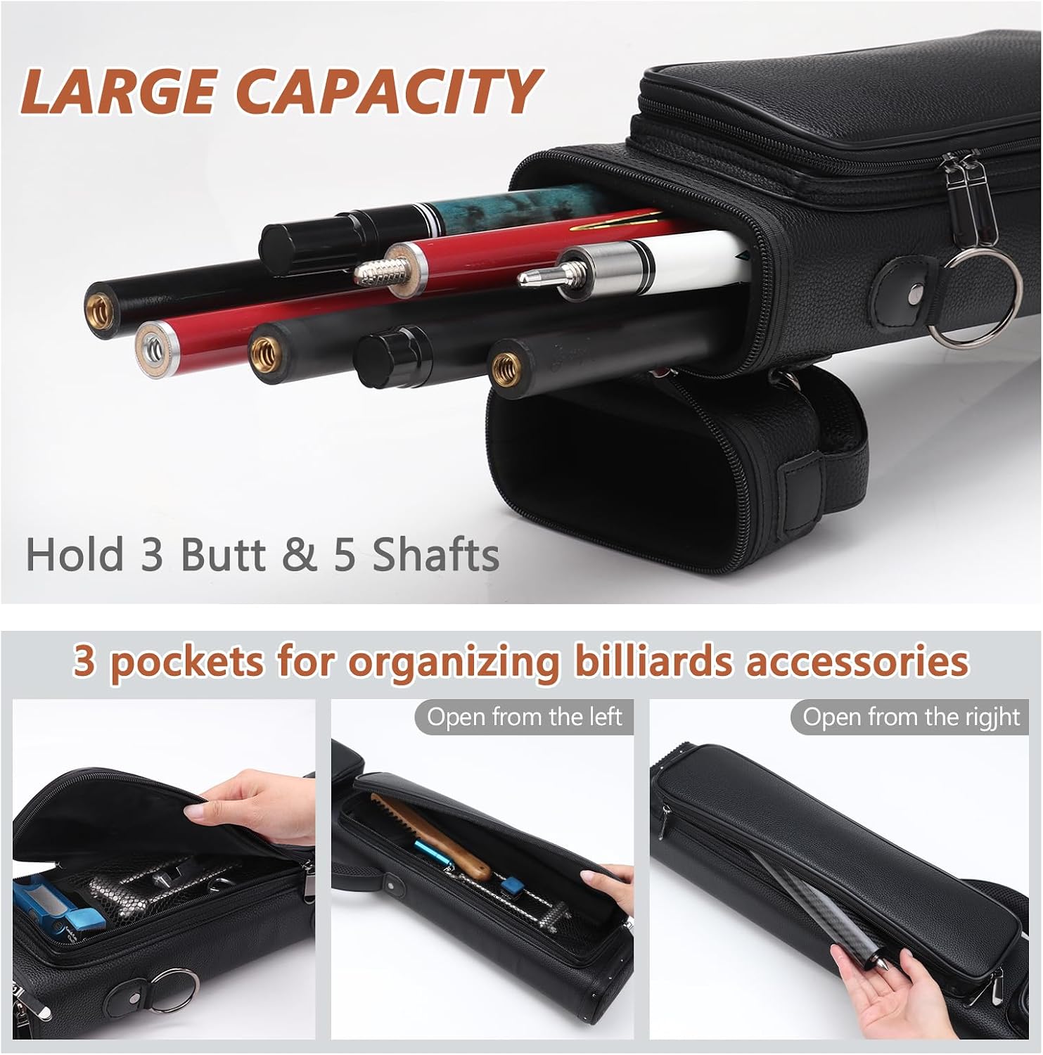 3x5 Pool Cue Case – PU Leather Hard Pool Stick Case with Double Shoulder Strap & 3 Pockets Durable Billiard Cue Case for 3 Butts and 5 Shafts
