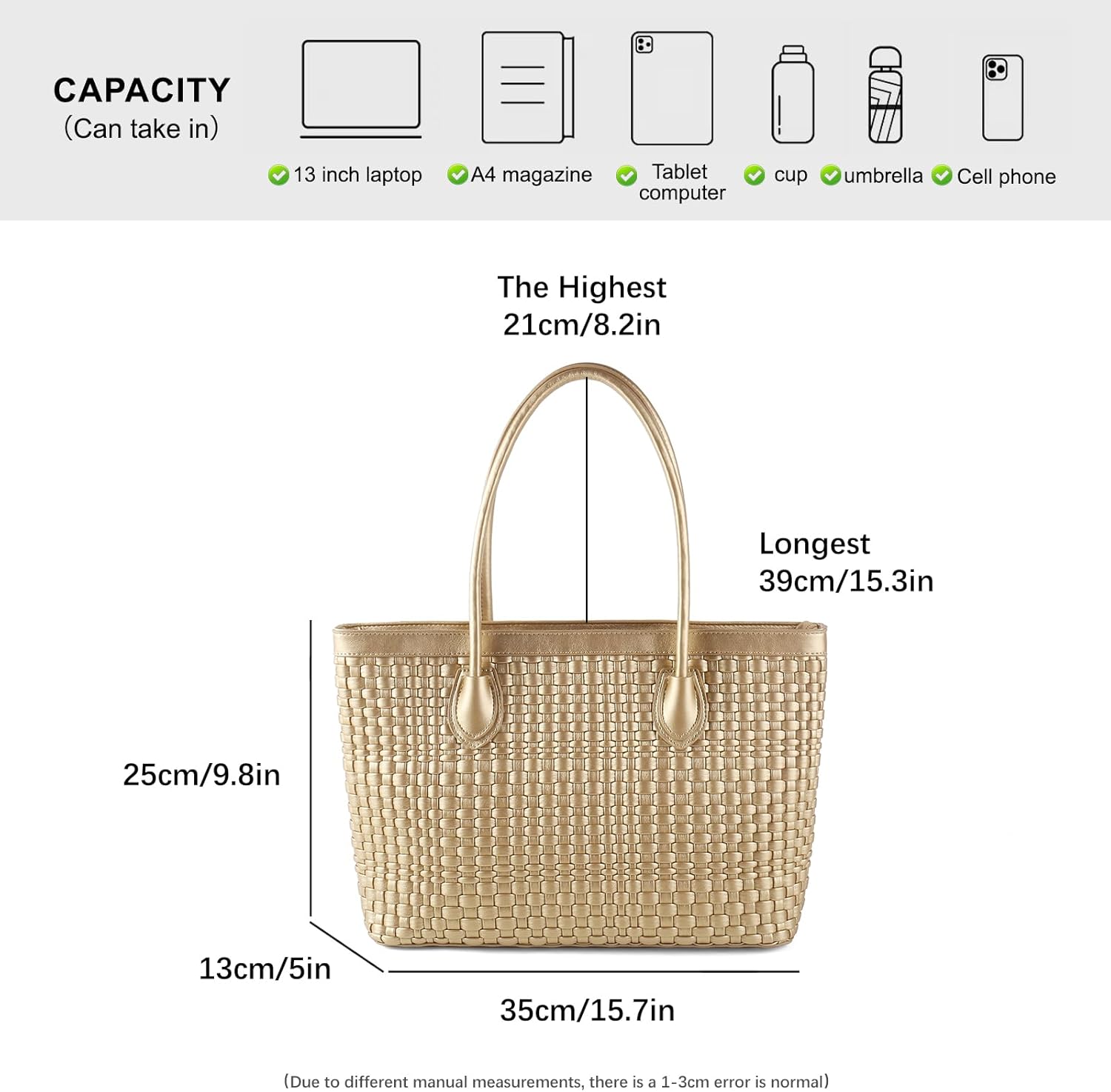 Woven Tote Bag For Women Hand Make Vegan Leather Shoulder Bag Handbag Zip Closure Beach Tote Travel Hand Bag - Image 4