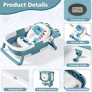 wiqins Collapsible Baby Bathtub with Thermometer & Soft Floating Cushion - Foldable Portable Tub for Newborns to Toddlers 0-36 Months (Blue)