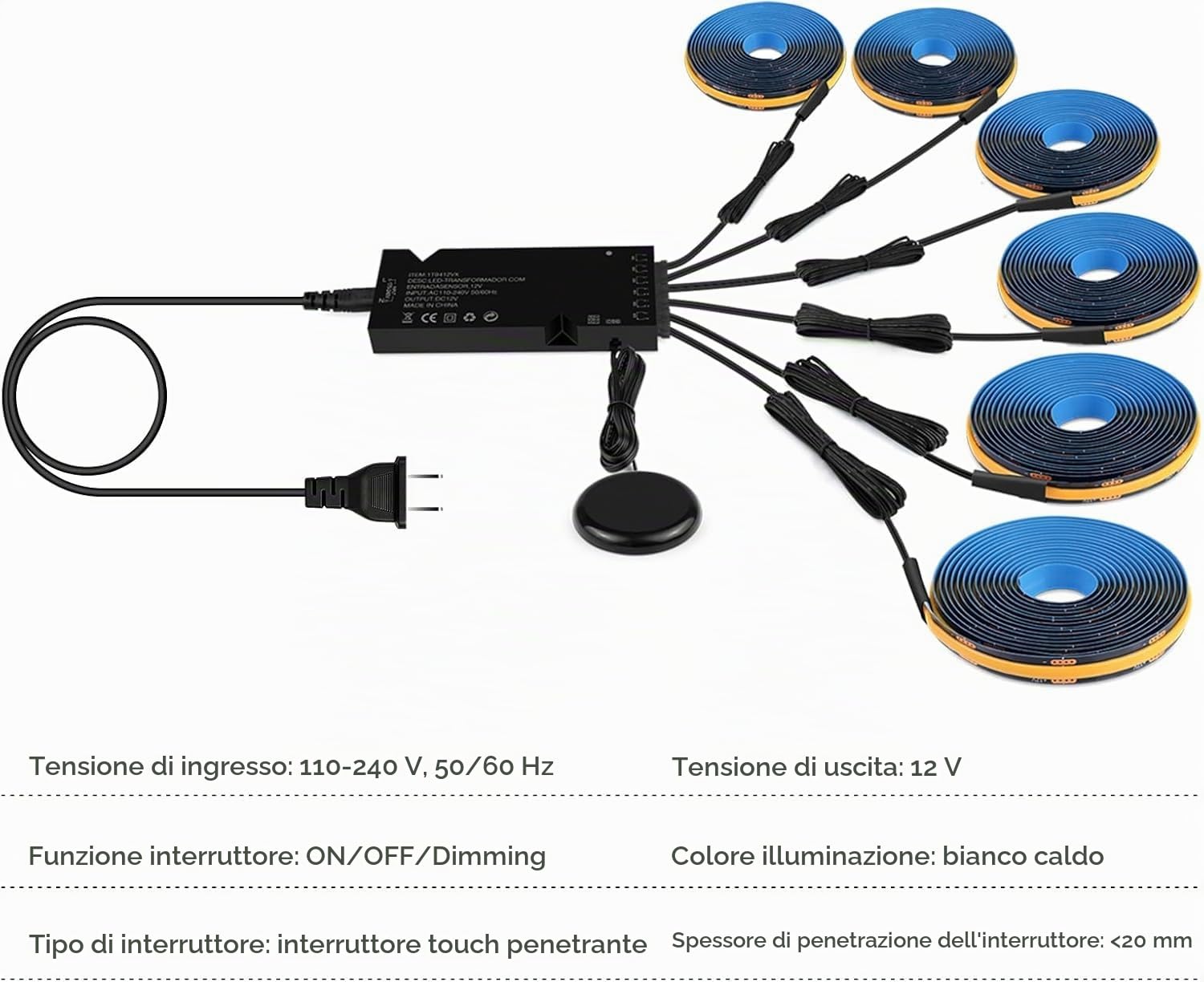 AIMENGTE Striscia LED COB 2m, 6 Rulli 12V Bianco Caldo Pannelli Acustici Tagliabili, con Dimmer Touch e Hand Sweep, per Armadietti per Vino, Scaffali, Armadi