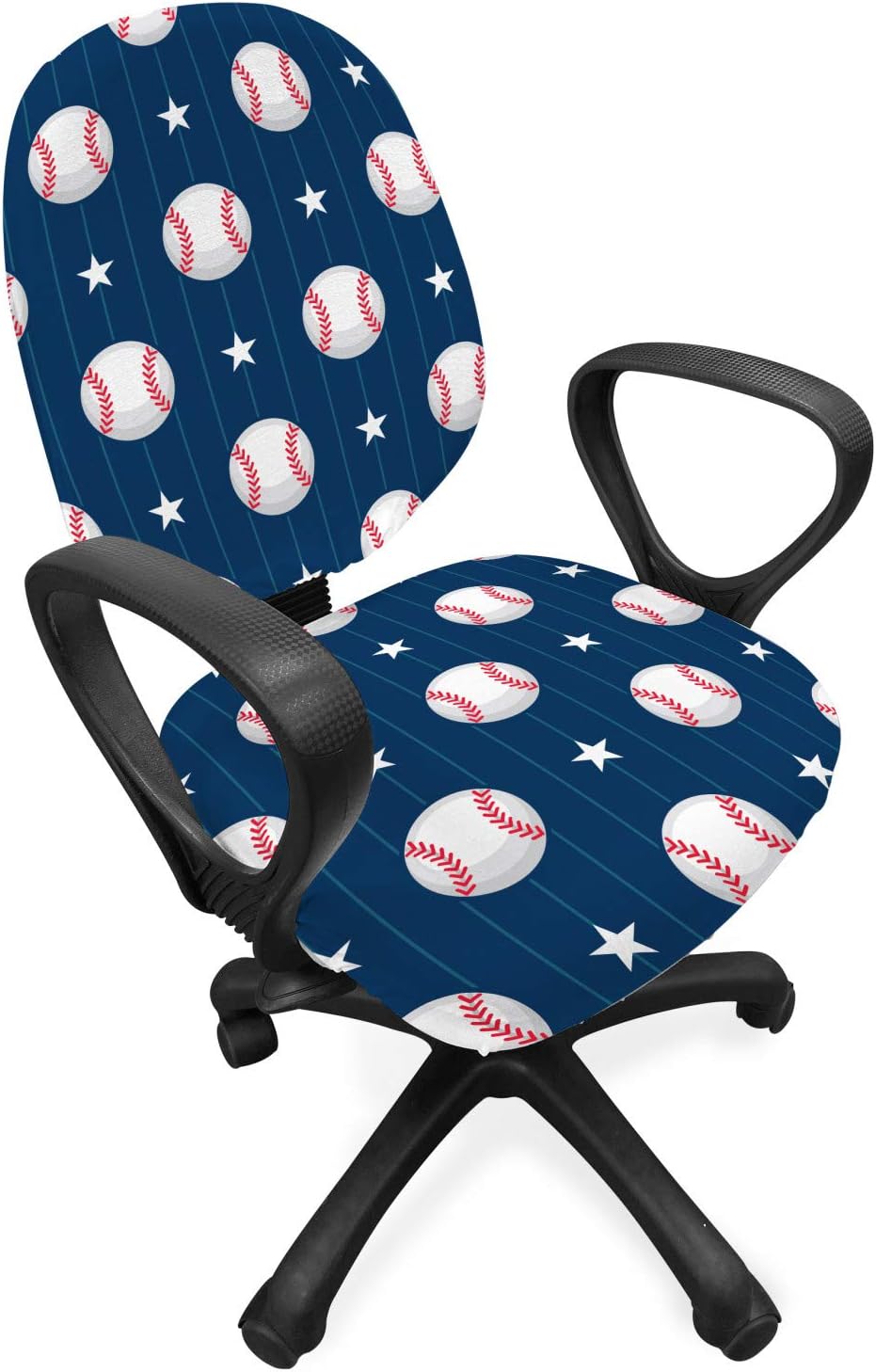 Ambesonne Sports Office Chair Slipcover, Baseball Patterns on Vertical Striped Background Stars Design, Protective Stretch Decorative Fabric Cover, Standard Size, Blue Red