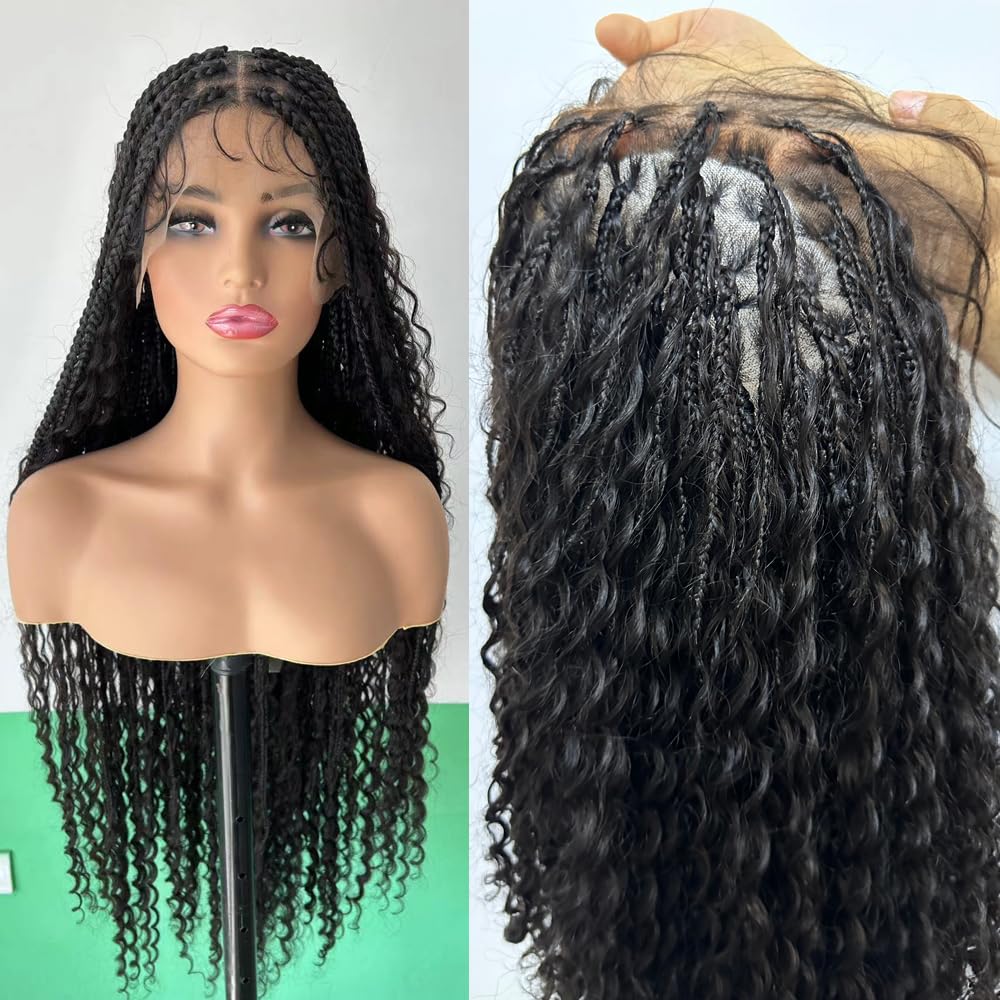 HD Full Lace Braid Wig Human Hair Boho Box Braided Wig Square Parted Knotless Braided Wigs for Black Women Human Hair Lace Wigs with Natural Baby Hair 18 Inch
