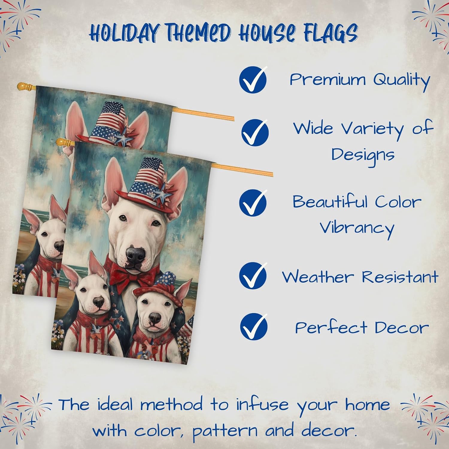 Bull Terrier Dog 4th of July Outfit Independence Day House Flag – Personalized Double Sided Patriotic Yard Decor with Cute Dogs Flowers Outdoor Decoration for Lawn, Garden, Porch or Patio 28"W x 40"H