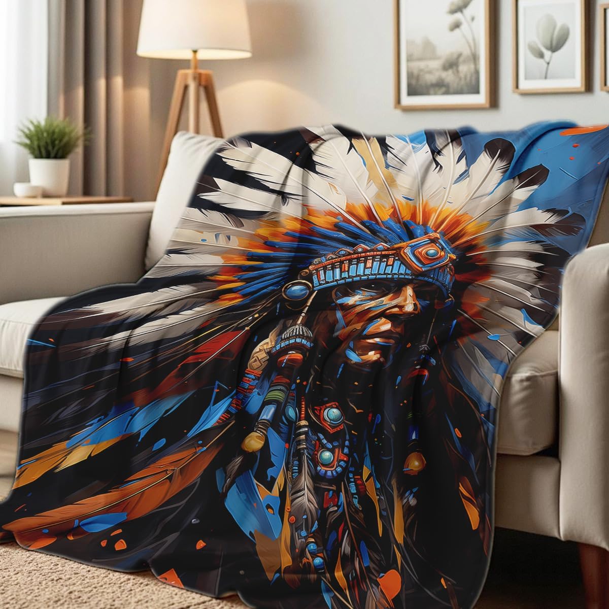 Native American Flannel Blanket Indian Tribal Chief Print Blanket Throw for Couch Bed Soft Bedding Decor Native American Gifts for Boys Men Adults (49"x59")