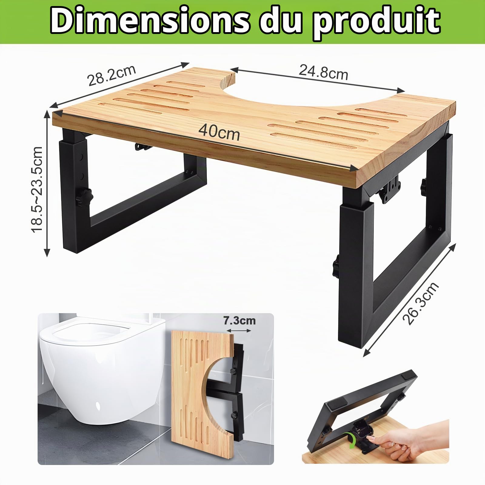 Tabouret Toilette Pliable en Bois, Marche Pied WC à Hauteur Réglable avec Coussinets Antidérapants, Repose Pied Salle Bain pour Adultes Enfant