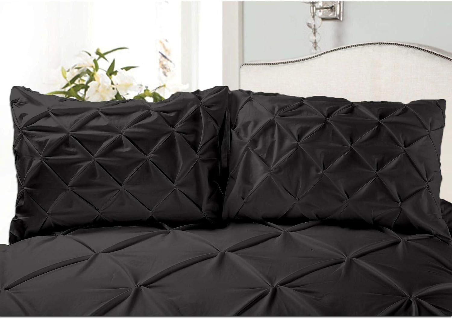 Dark Gray Pinch Pleated Pintuck Pillow Shams Set of 2pc Hotel Luxury 800 TC Organic Cotton Cushion Cover European Size 26x26 Super Soft Decorative Pillow Cover Solid Pillow Sham
