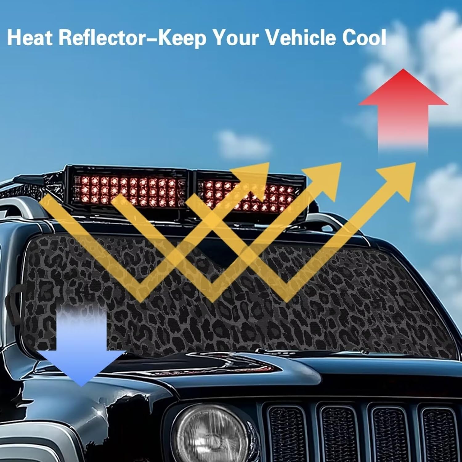 Black Leopard Print Windshield Sunshade for Jeep Foldable Window Shade Sun Visor Protector Heat Reflector-Keep Your Vehicle Cool for 2018-2024 Jeep Wrangler JL JLU & Gladiator JT