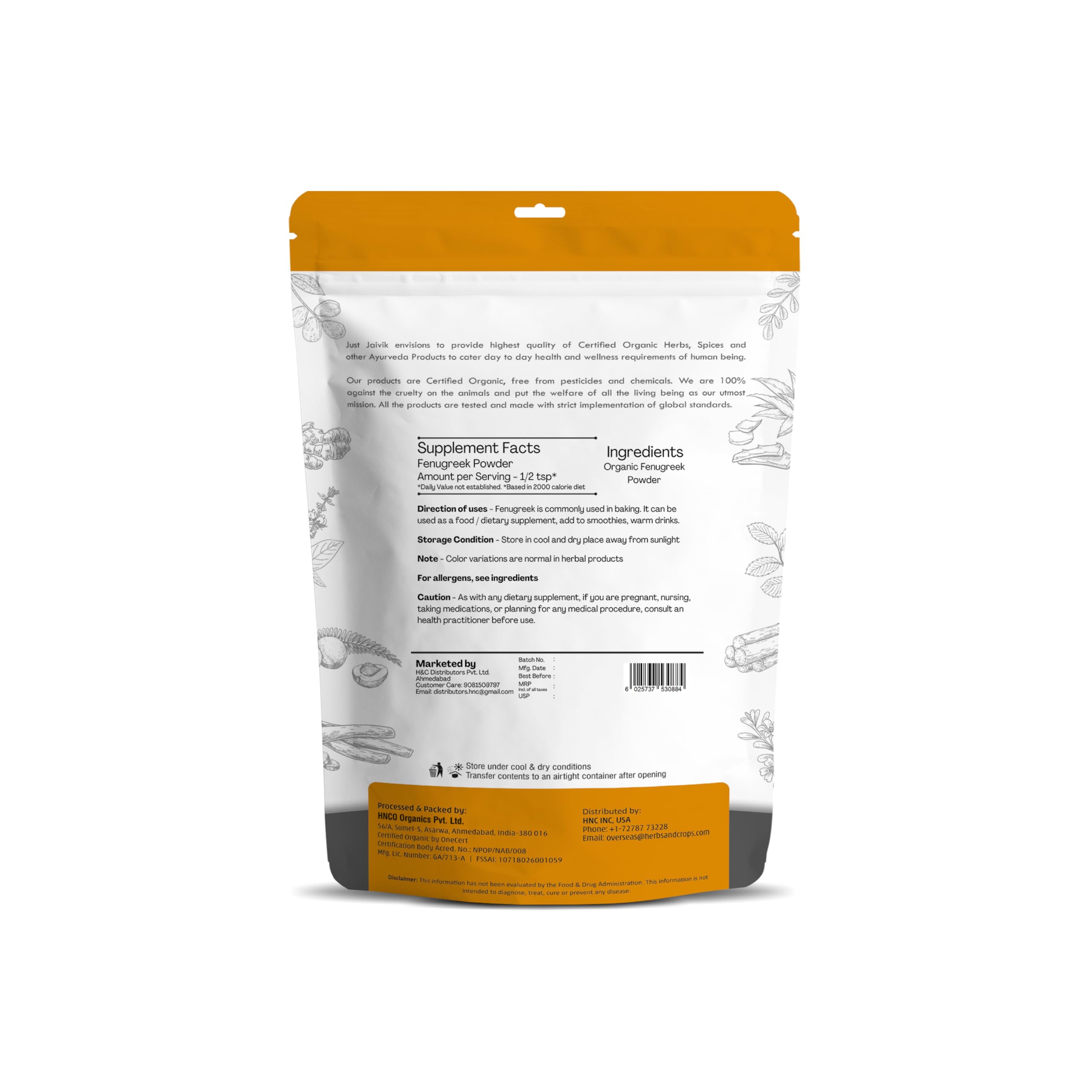 Just Jaivik 100% Organic Fenugreek Powder 0.5 lb / 227 gm / 08 oz | Trigonella Foenum Methi Powder | Supports Healthy Digestive System & Boosts Immunity | USDA Certified Organic