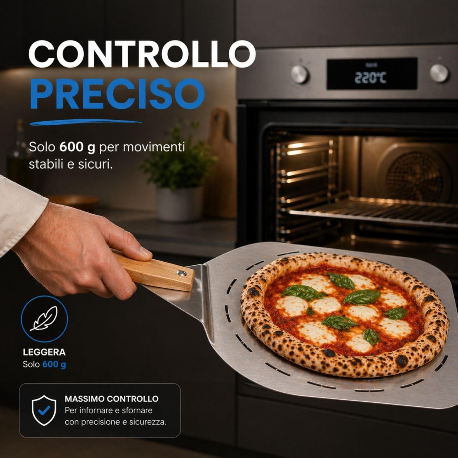 INOXLM Pala per pizza forata in acciaio inox manico pieghevole in faggio 33,5x30,5 cm, Pala per pizza corta, leggera e salvaspazio, ideale per forno domestico - Made in Italy