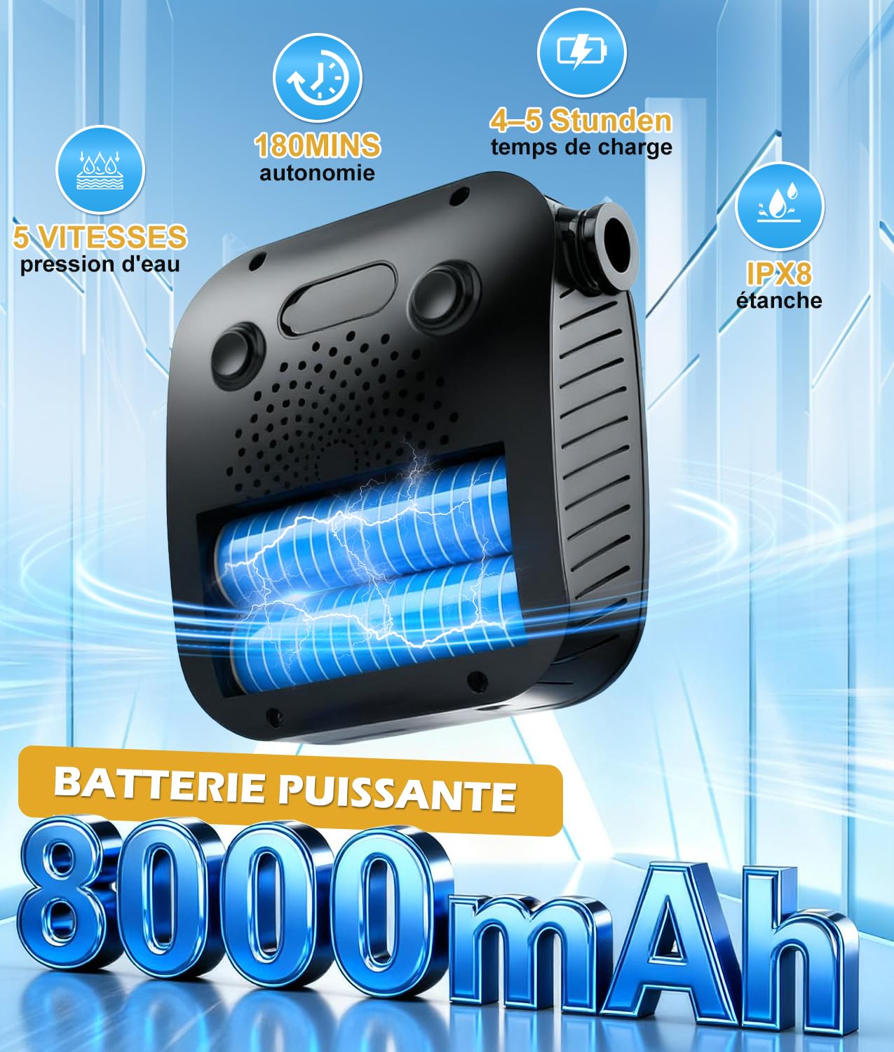 WADEO Douche Portable pour Camping, Pompe de Douche Rechargeable 8000mAh, Seau Pliable de 20L, 5 Modes de Douche et Étanche IPX8, Douche Extérieure pour Randonnée, Voyages, Voiture, Animaux
