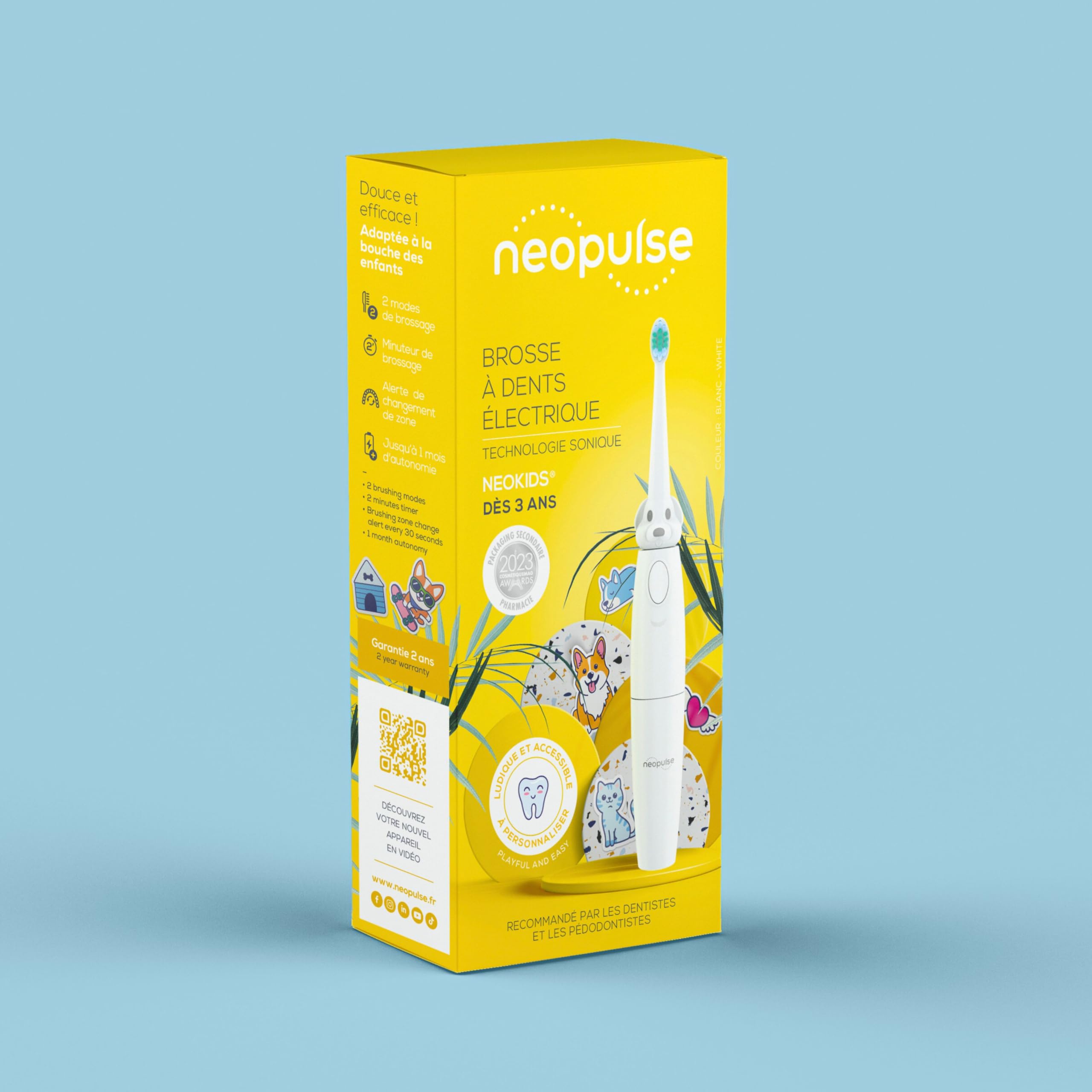 NEOPULSE NEOKIDS® Elektrische Kinderzahnbürste – Schallzahnbürste für Kinder ab 3 Jahren – ultraweiche Borsten – 2 Modi – 2-Minuten-Timer mit 30-Sekunden-Intervall – 1 Monat Akku – inkl. 50 Sticker