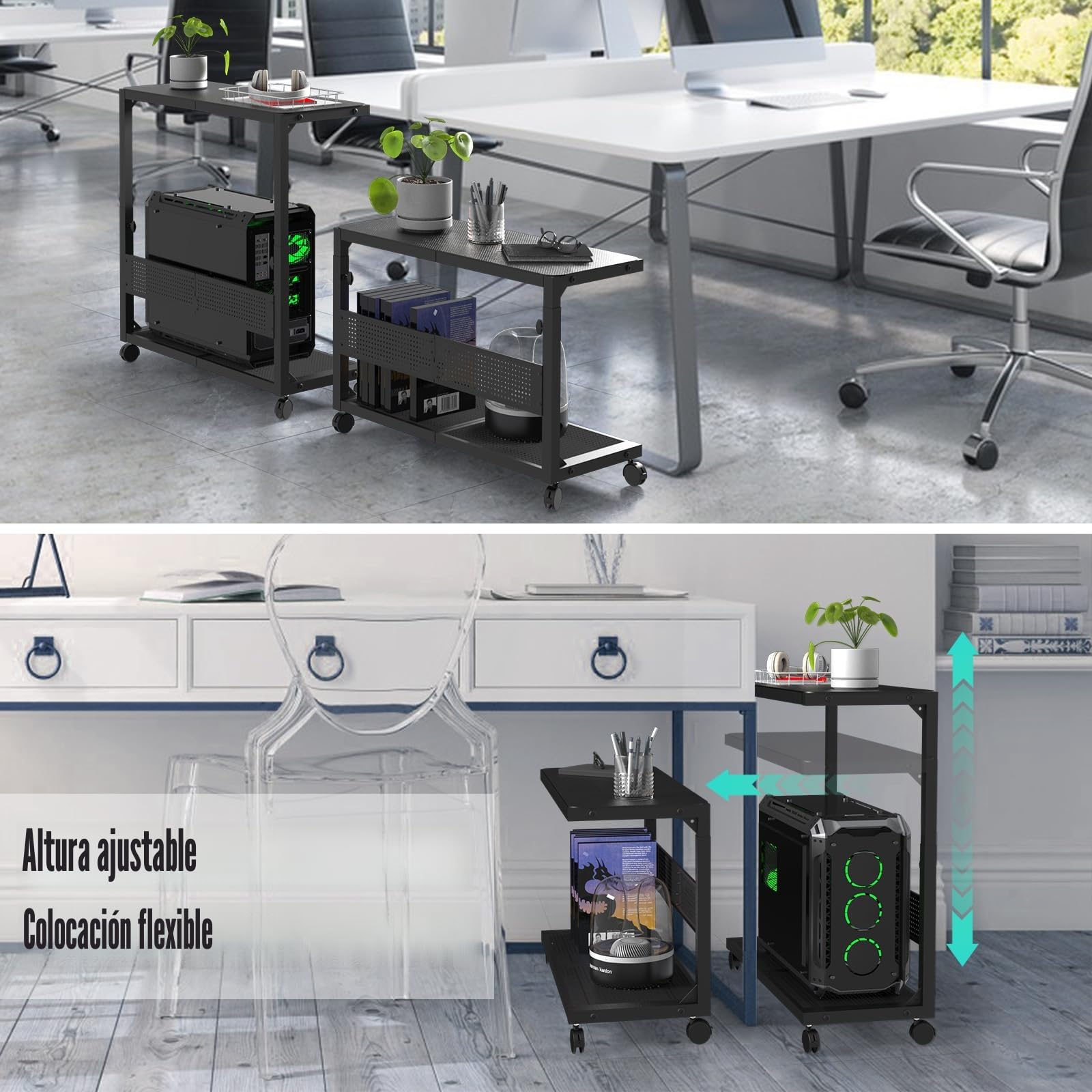 Moricher - Soporte para torre de computadora - Altura ajustable de 2 niveles ATX-Case, soporte para PC, estante para impresora, tablero de clavijas con ruedas giratorias y alfombrilla de ratón para