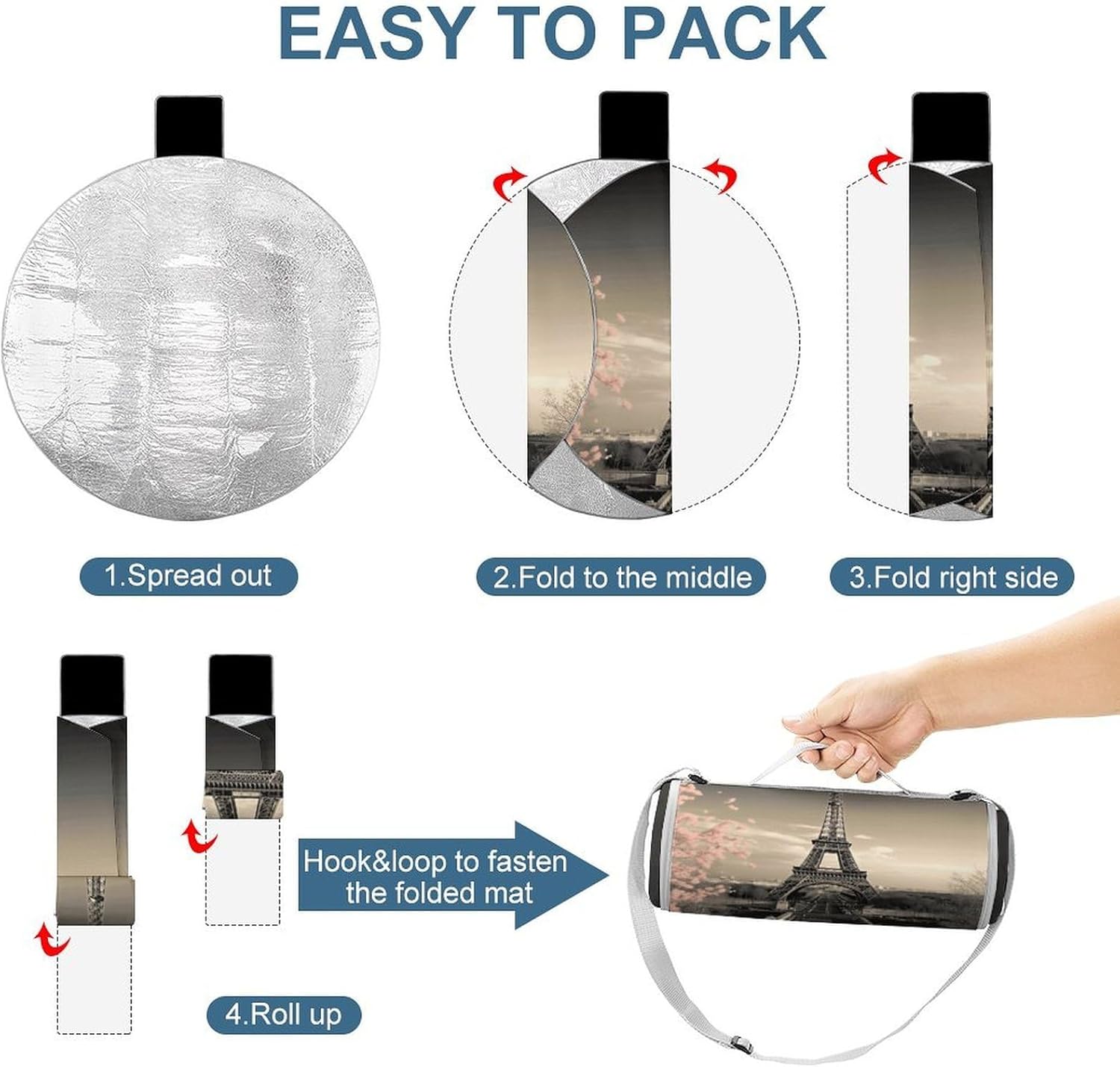 Paris Tower Picnic Mat Lightweight Waterproof Picnic Blankets Extra Large Picnic Outdoor Blankets Foldable Sandproof Beach Blanket for Park Beach Camping Courtyard 58.3''x58.3''