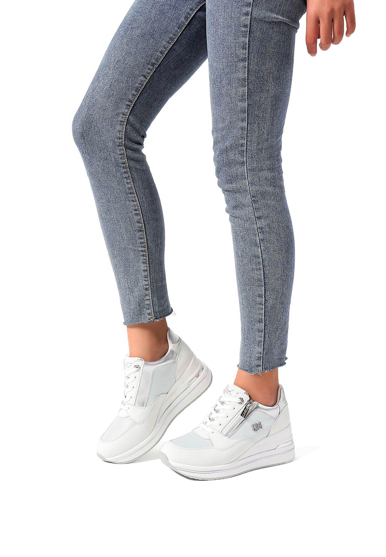 QUEEN HELENA Sneakers in Vera Pelle con Zeppa Scarpe da Ginnastica Alte Casual Donna QH9009