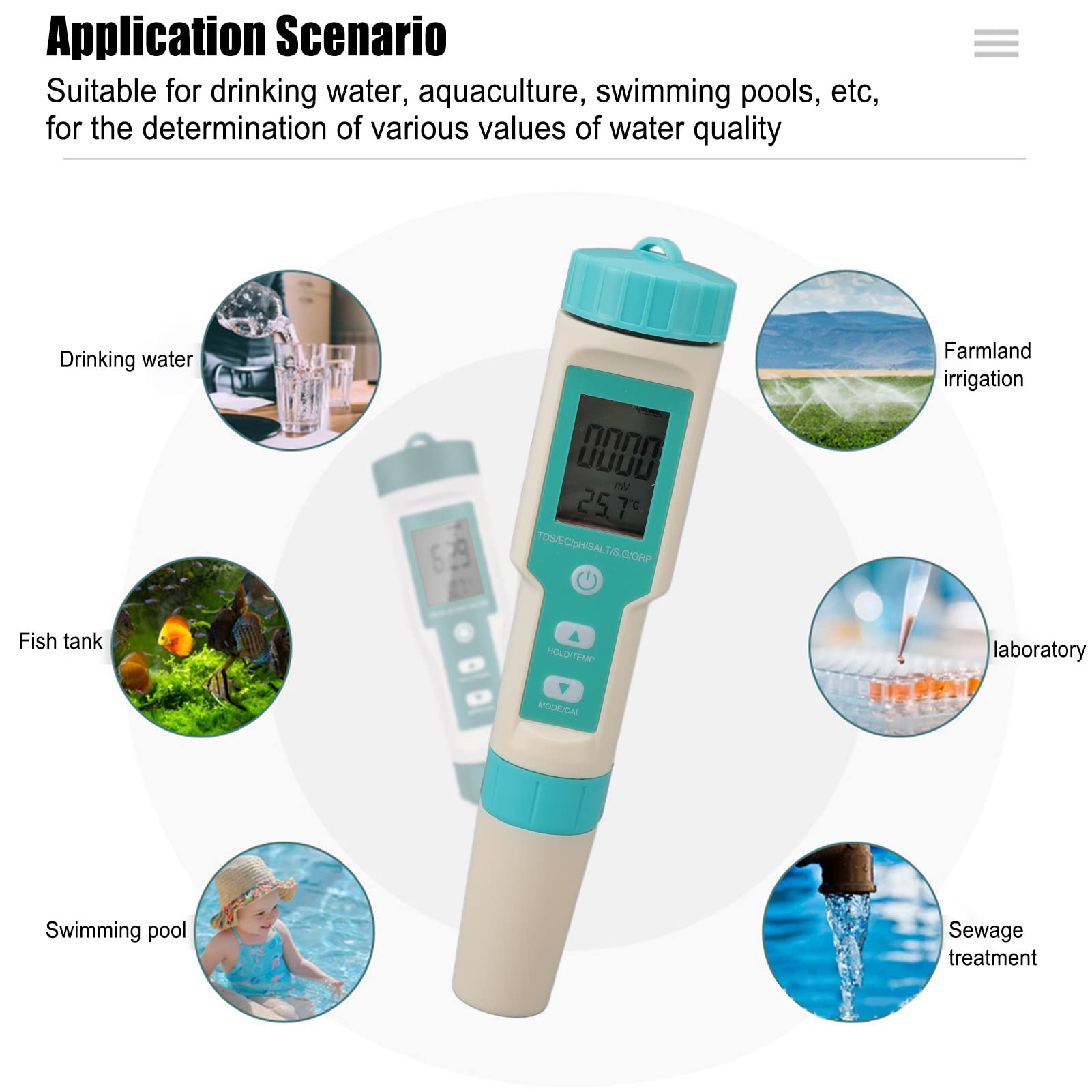 Water Quality Tester, ORP PH TDS TEMP EC Salinity SG 7 in 1, Accurate LCD Digital Water Meter Pen with Detection Powder, for Drinking Water, Aquariums