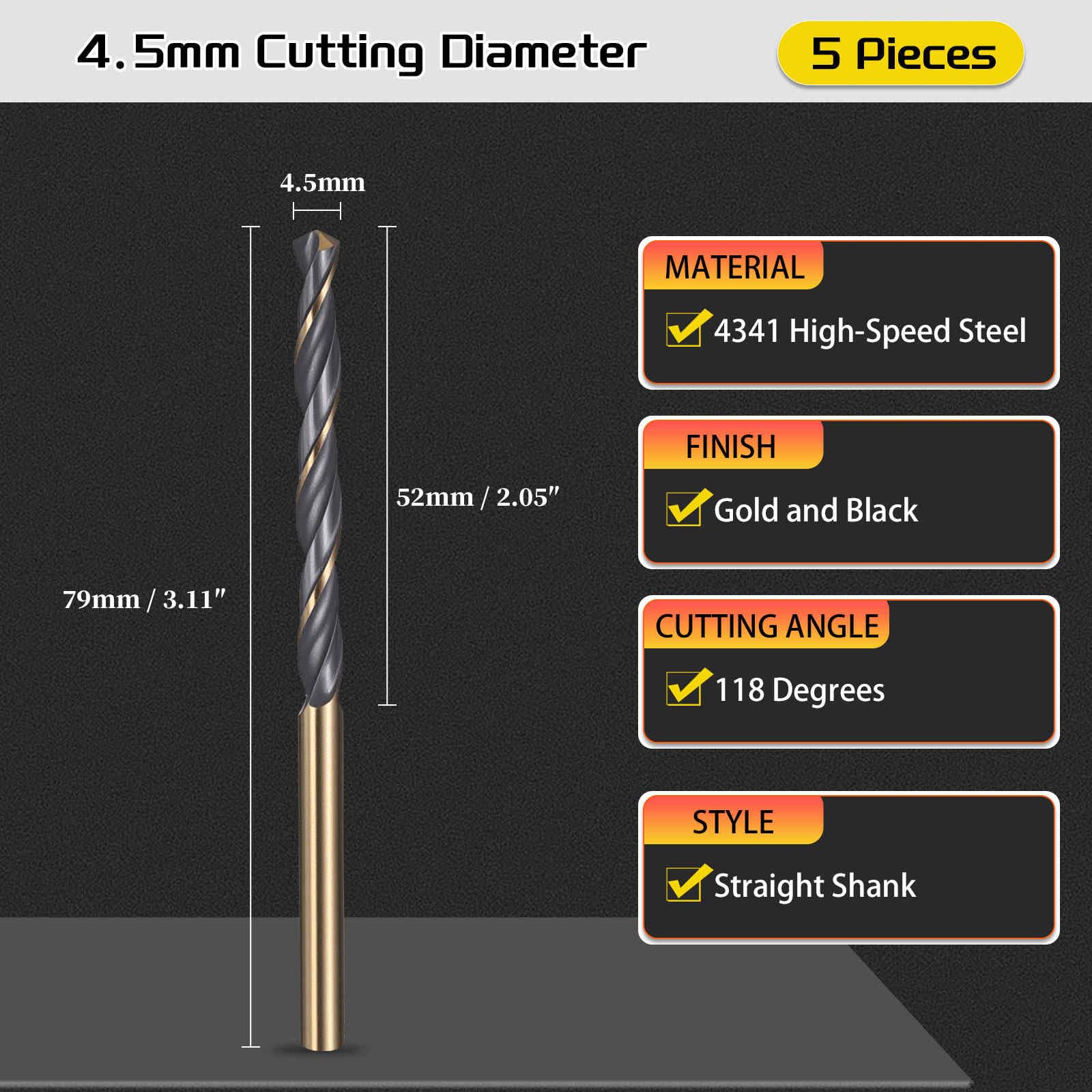 CoCud Drill Bit, 4.5mm Cutting Diameter, 4341 HSS Jobber Bits Gold and Black 118 Cutting Angle - (Applications: for Drilling Plastic Wood Soft Metal), 5-Pieces - Image 2
