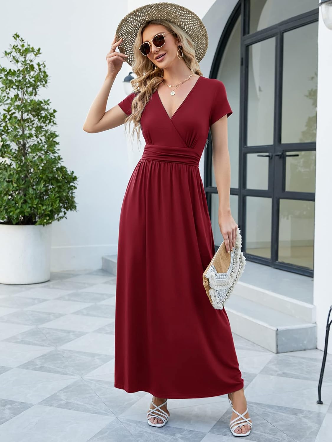 ANRILITA Maxi Dress for Women 2026 Wrap V Neck Short Sleeve Empire Waist Summer Casual Elegant Flowy Long Dresses with Pocket - Image 3