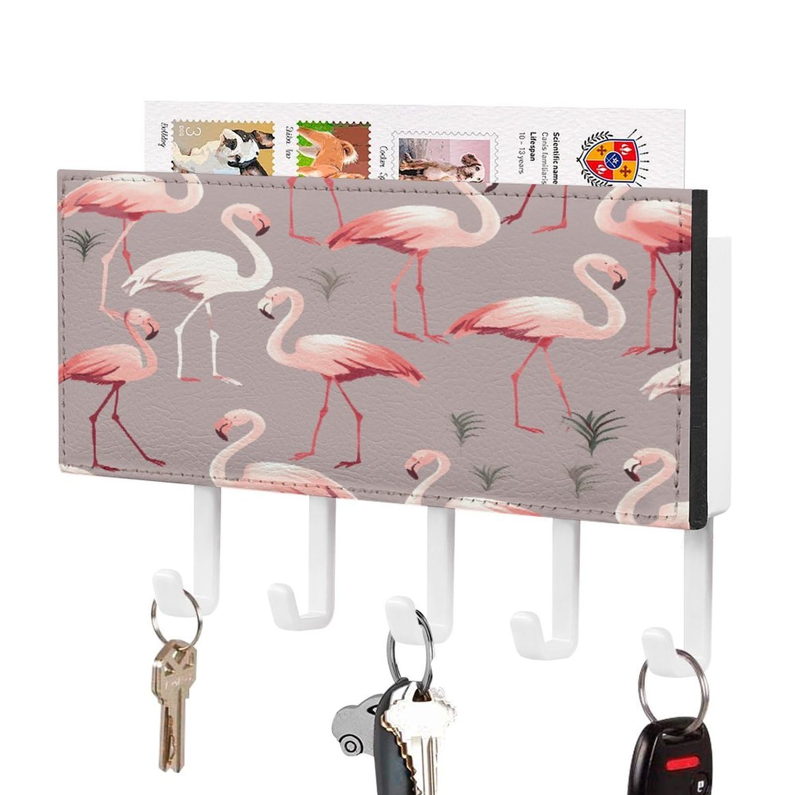 FekiLoot Pink Flamingo Pattern Key Holder for Wall Decorative,2 Installation Ways Keys Hanger Keys Holder Wall Mount Hanging Key Hooks with Mail Organizer for Wallet House Accessories