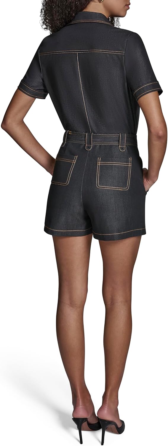 BCBG Women's Short Sleeve Collared Neck Denim Belted Romper
