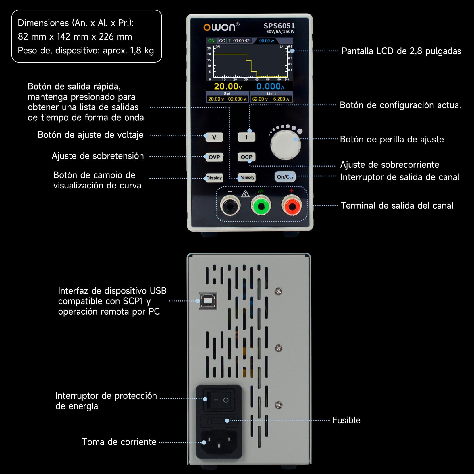 OWON SPS6051 DC-Netzgerät 0-60V 0-5A Einstellbares Schaltnetzteil mit 150W Ausgangsleistung, unterstützt Computerprogramiererung und überwachfunktion für Spannungs-/Stromkurven.