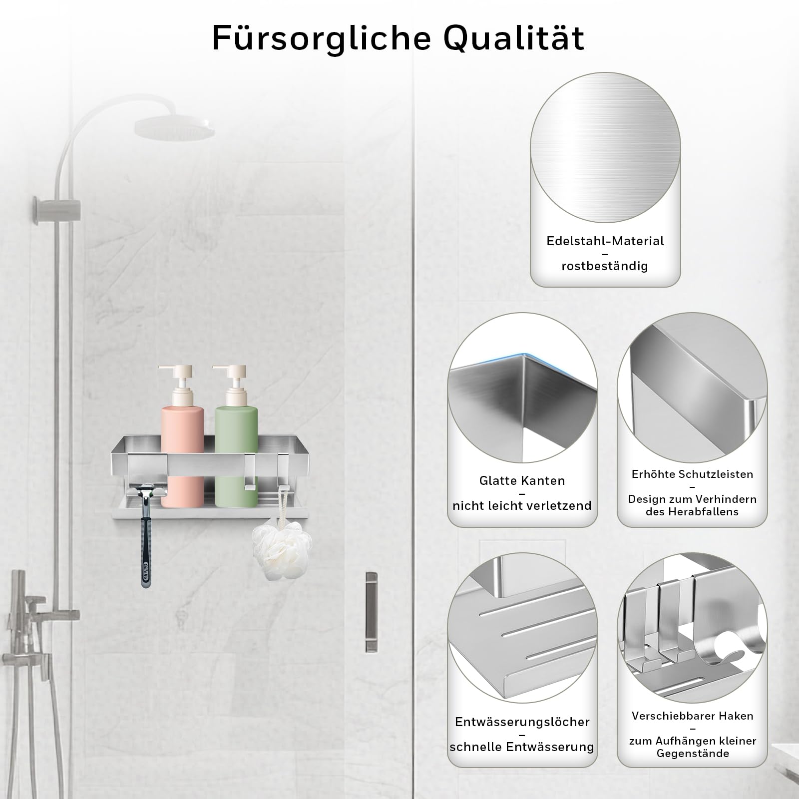 Duschablage ohne Bohren – Badregal 23 x 10 x 8 cm mit 2 Haken und Rasiererhalter, 2 Montagemöglichkeiten, Edelstahlablage für Küche, Bad und Waschbecken, Silber