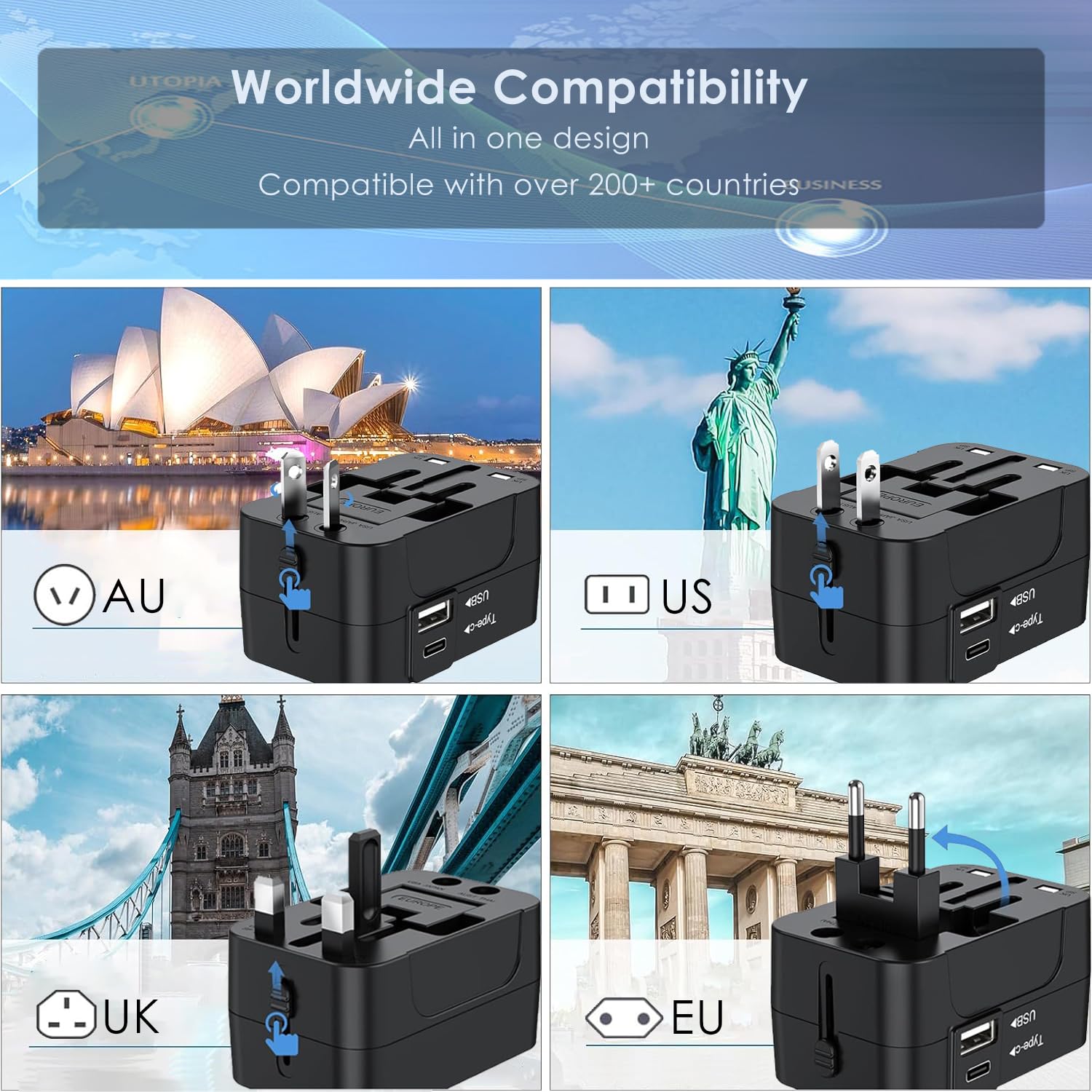 海外 変換プラグ 全世界対応 VELIKE 旅行用コンセント 1つUSB-Cと1つUSB-Aポート付き C/O/BF/Aタイプ付き 海外電源変換器 マルチ変換プラグ 電源変換アダプター 韓国/ヨーロッパ/オーストラリア/イギリス/アメリカ/中国などの国に対応 旅行便利グッズ 200ヶ国以上通用 - 4