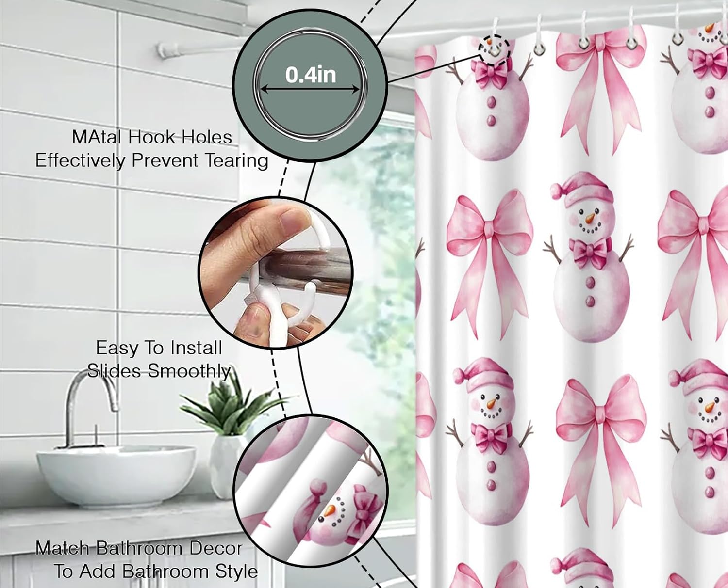 Christmas Snowman Extra Long Shower Curtain,Pink Bow Watercolor Decor for Bathroom,Winter Holiday Cute Fabric Curtain with Hooks,70x78 Inch
