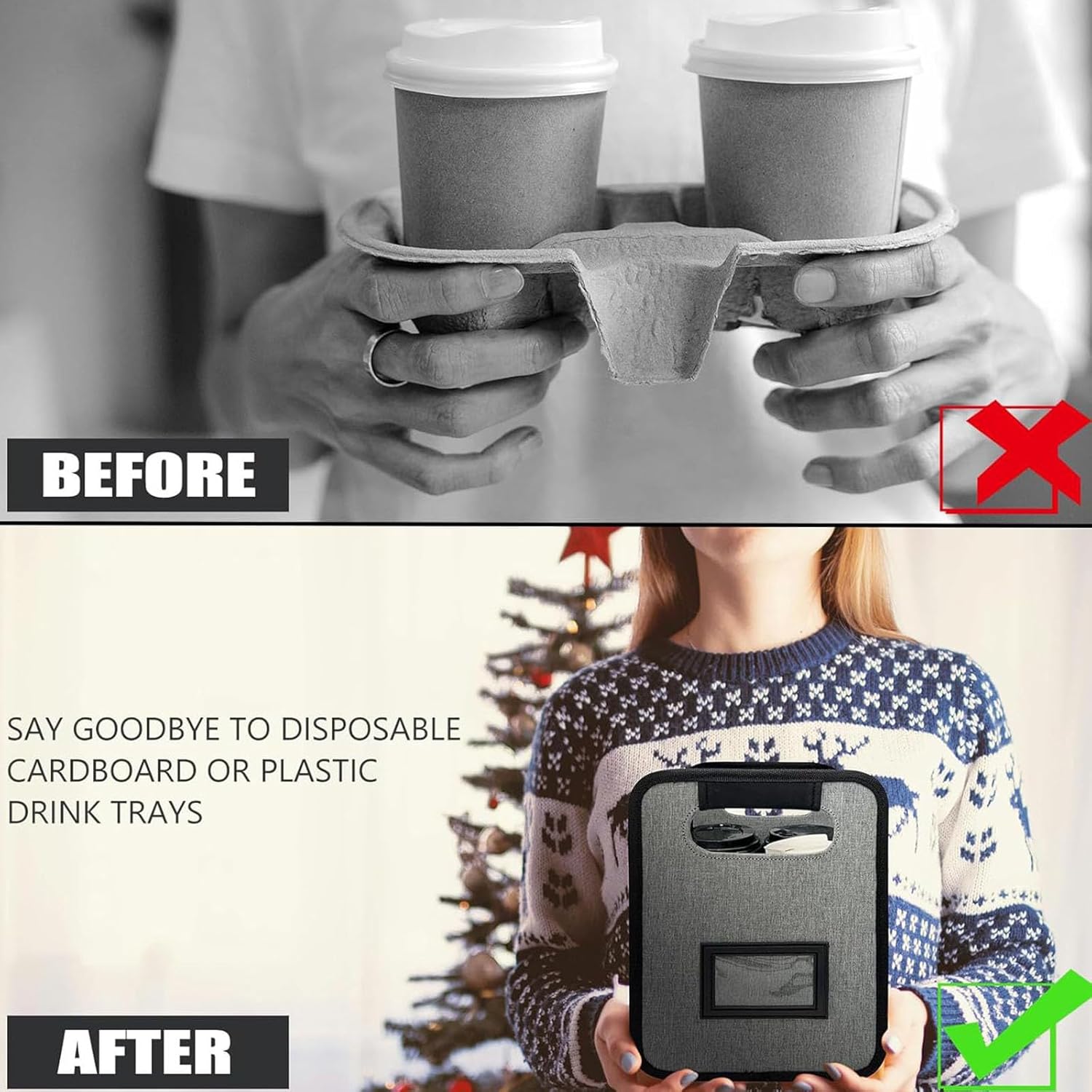 Reusable 4 Cup Insulated Drink Carriers with Adjustable Dividers and Foldable Design for Outdoor Event and Daily Use Reusable Insulated Coffee Cup Holders