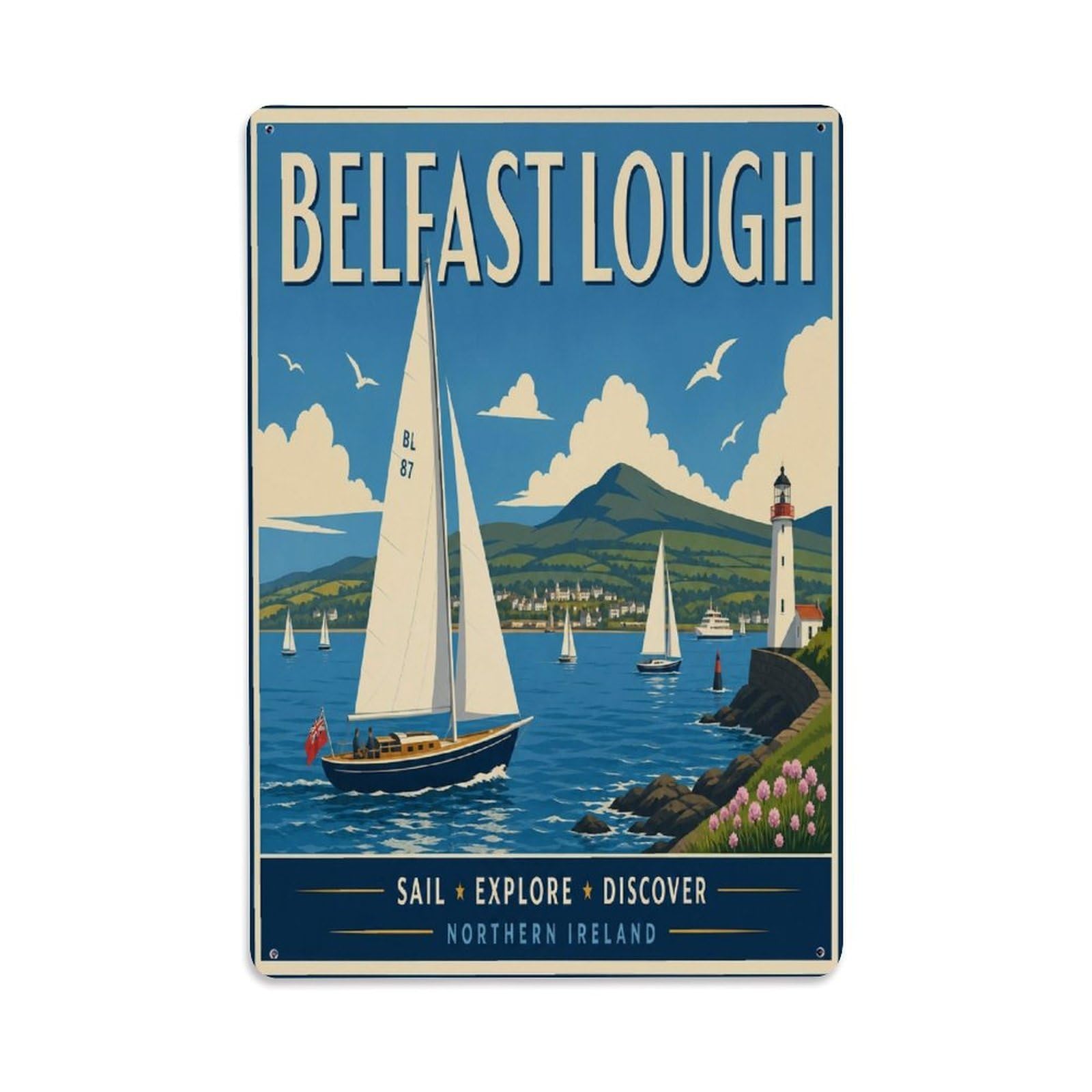 Belfast Lough Ireland Travel Maritime Coastal Sailing Metal Tin Sign Plaque Wall Decor for Cafe, Man Cave, Club Bar, Office, Home Garden Round Metal Poster 8x12Inch