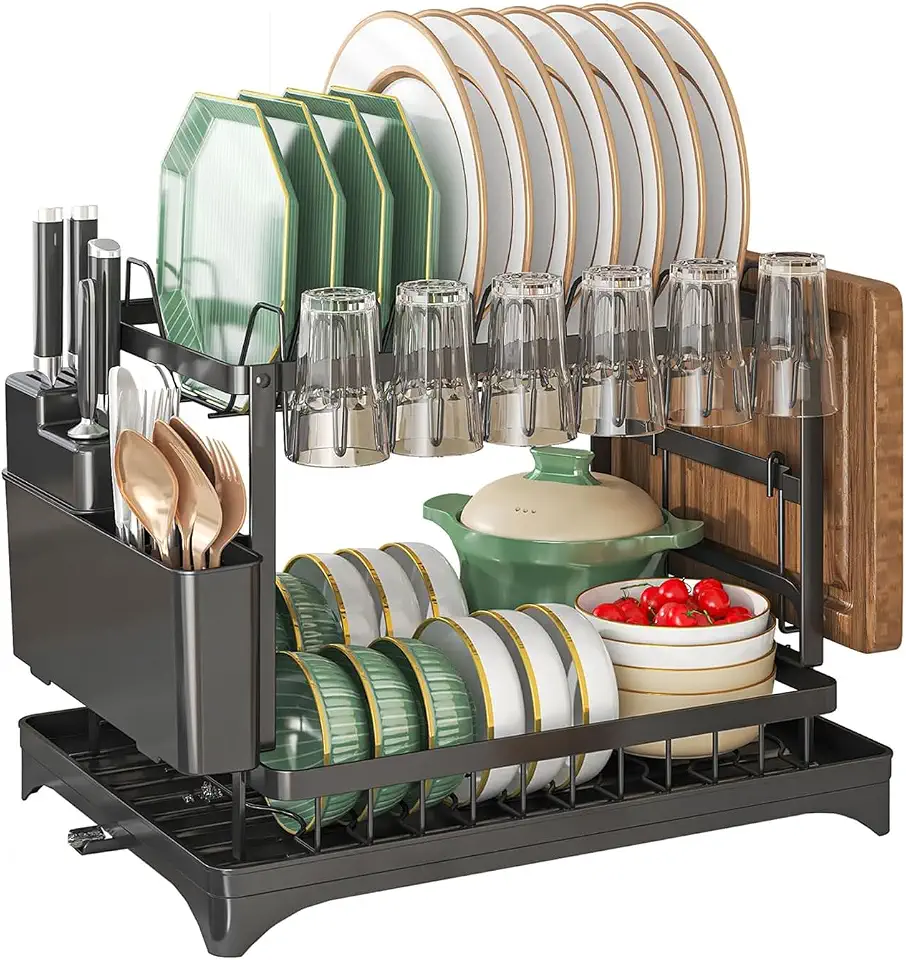 Dish Drying Rack 2 Tier,Space-Saving Dish Drainer with 360° Rotating Drainage Tray,Cup Holder Utensil Holder,Cutting Board Rack,Rustproof Stainless Steel Organizer for Small Kitchens,Apartments,Black