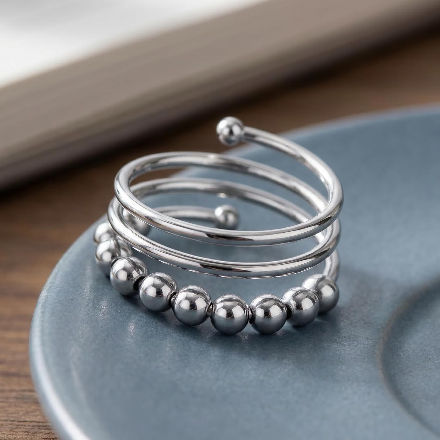 Anxiety Ring for Women Fidget Rings with 10 Sliding Beads Adjustable Spinner Ring for Stress Relief Anti Anxiety Jewelry for Nail Biting Skin Picking