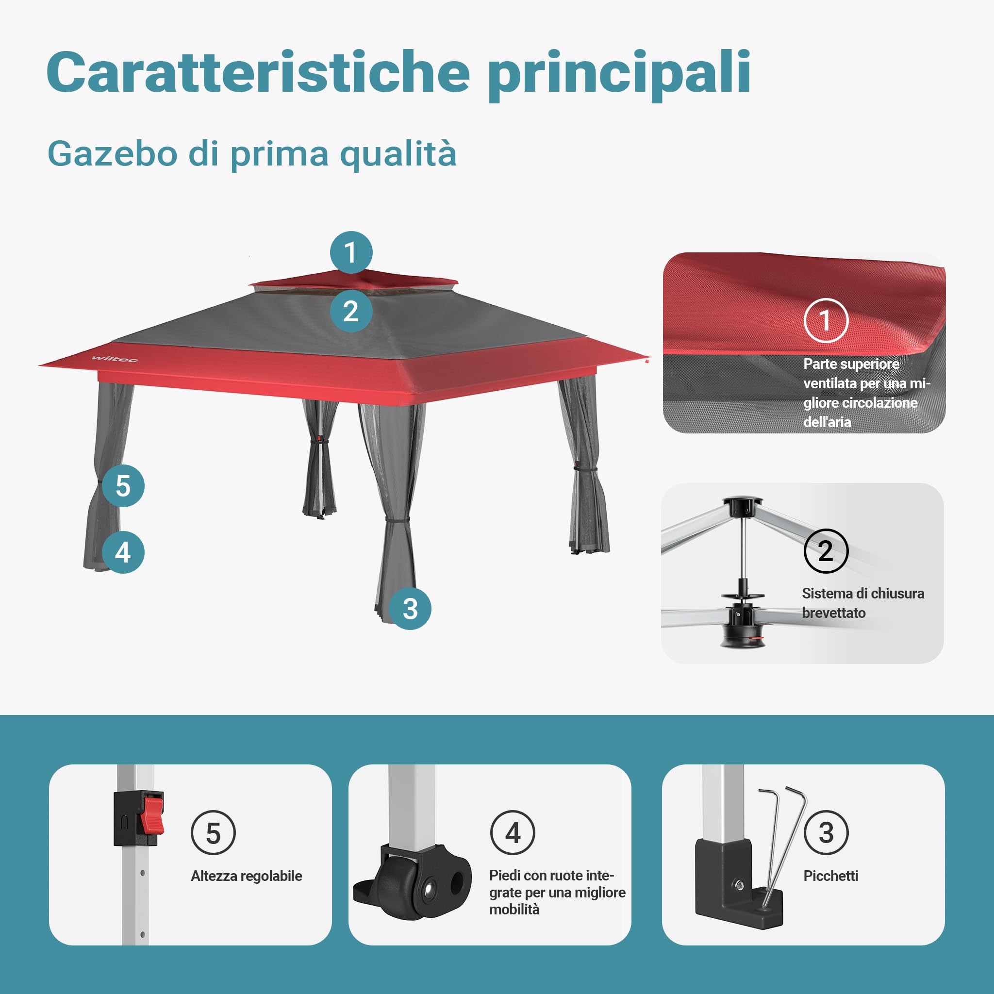 Wiltec Gazebo pieghevole con zanzariera, grigio rosso 3,92 x 3,92 m, impermeabile, UV 50+, Tendone per feste