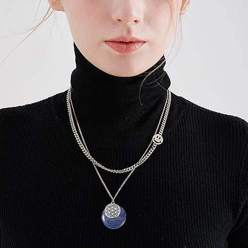 Miniatura 6 de LiQunSweet - Juego de 5 colgantes de piedra de lapislázuli natural con acabado de latón en tono platino redondo con flor de la vida, para hacer