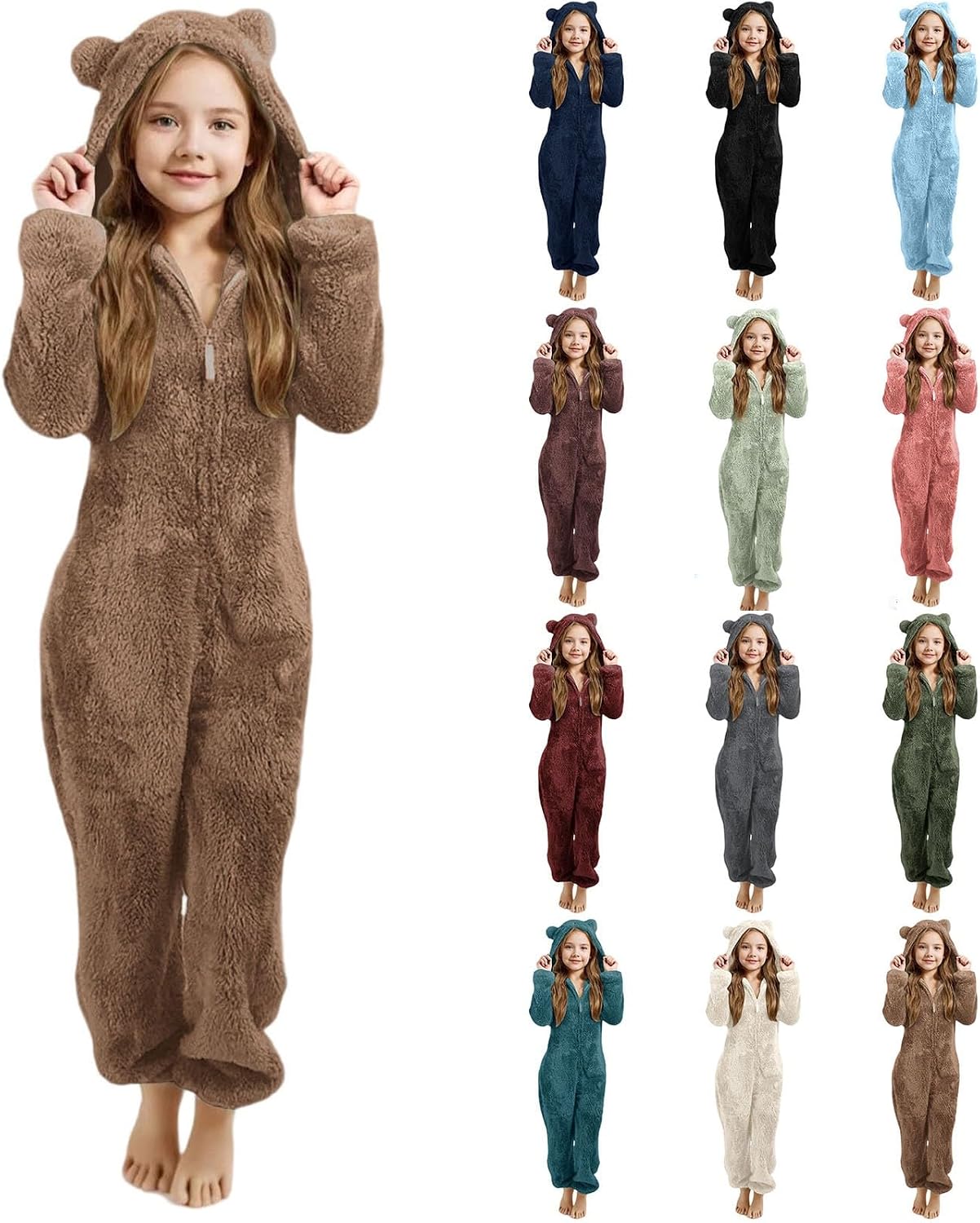 Kids Fleece Onesie 𝙋𝙖𝙟𝙖𝙢𝙖𝙨 Jumpsuit,Girls Sherpa Romper One Piece Zipper Hooded Flannel Bear Playsuit 𝙎𝙡𝙚𝙚𝙥Wear