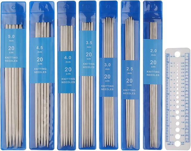 Coopay Short Double Pointed Knitting Needles Kit 20cm, Double Ended Needles 2.0mm to 5.0mm, DPNs Knitting Pins Set for Beginner and Small Projects, Sock Metal Needles 35 Pack and Needle Gauge