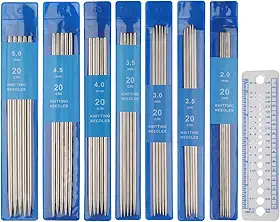Coopay Kit de agulhas de tricô curtas com pontas duplas de 20 cm, agulhas de aço inoxidável com extremidade dupla de 2,0 mm a 5,0 mm, conjunto de pinos de tricô DPNS para iniciantes e crianças, pacote com 35 agulhas e medidor de tricô
