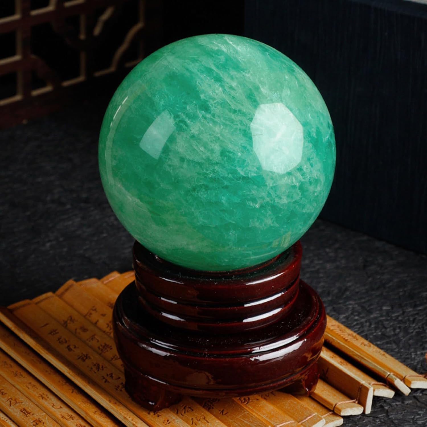 Crystal Decor Green Fluorite Crystal Ball with Stand Polished Divination Ball Decorative Sphere Stone Photography Quartz Crystal Sphere,6cm/2.4in